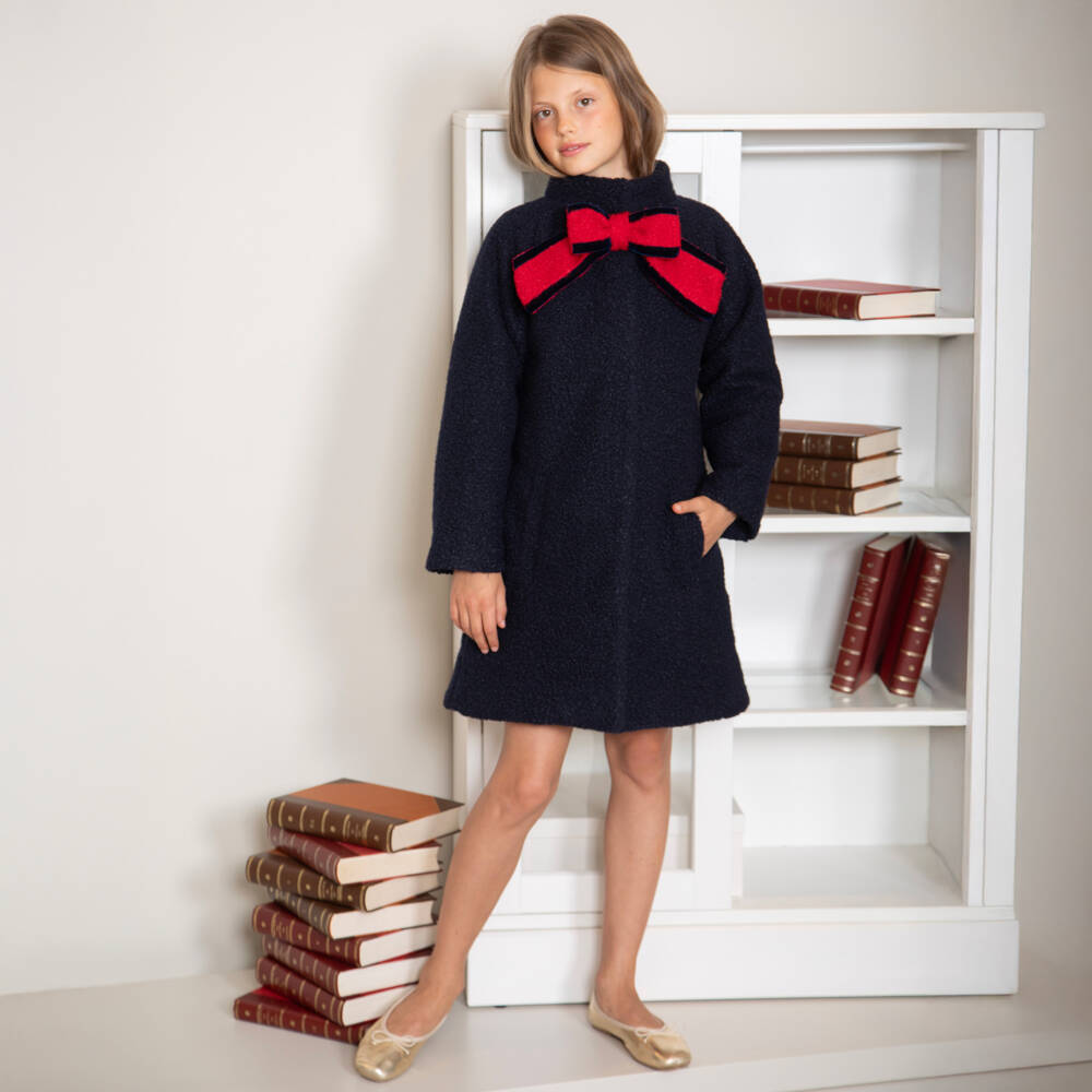 Patachou-Girls Navy Blue Bouclé Coat with Red Bow  | Childrensalon