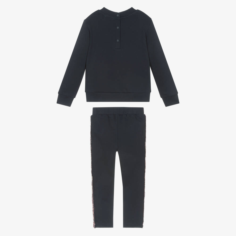 Patachou-Girls Navy Blue Cotton Bow Tracksuit with Grosgrain Taping | Childrensalon
