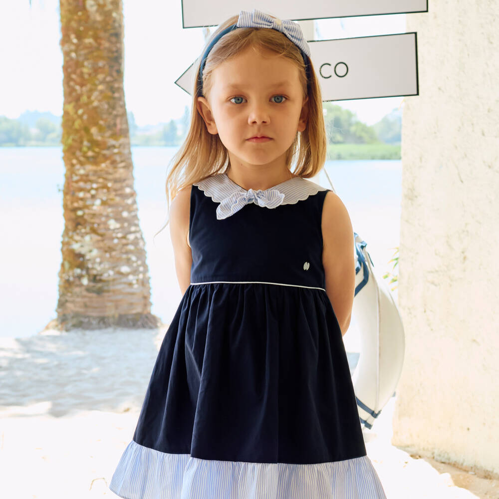 Patachou-Girls Navy Blue Cotton Dress with Scalloped Sailor Collar | Childrensalon