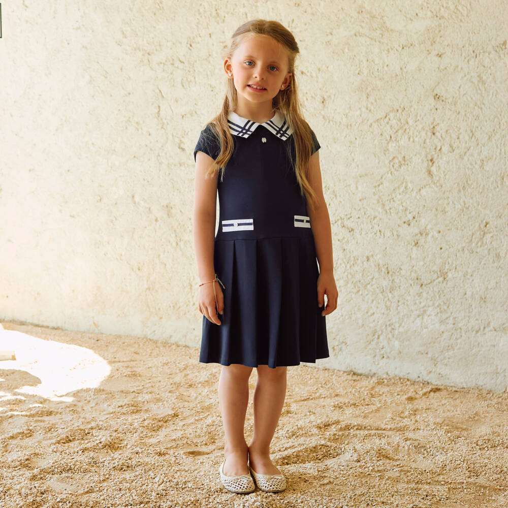 Patachou-Girls Navy Blue Cotton Jersey Dress with White Trims | Childrensalon