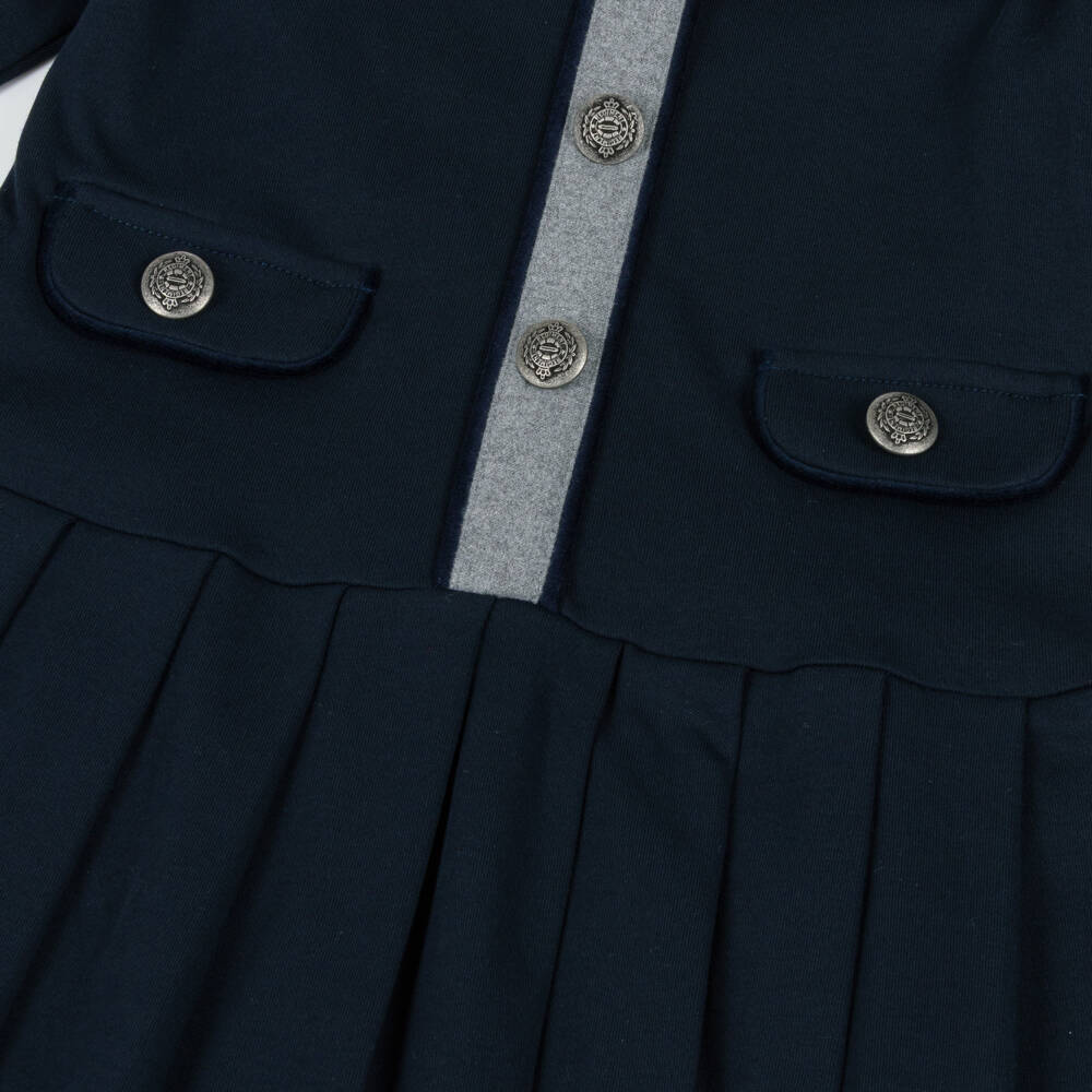Patachou-Girls Navy Blue Cotton Jersey Pleated Dress | Childrensalon