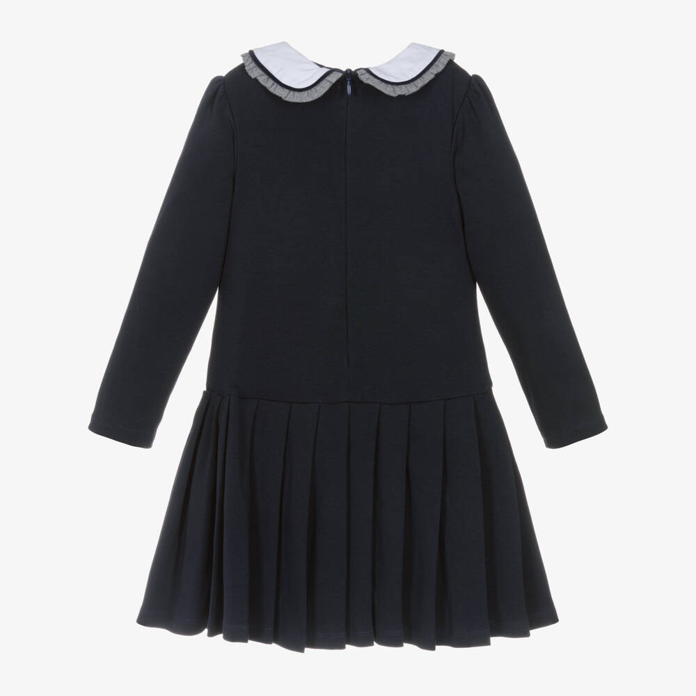 Patachou-Girls Navy Blue Cotton Jersey Pleated Dress | Childrensalon