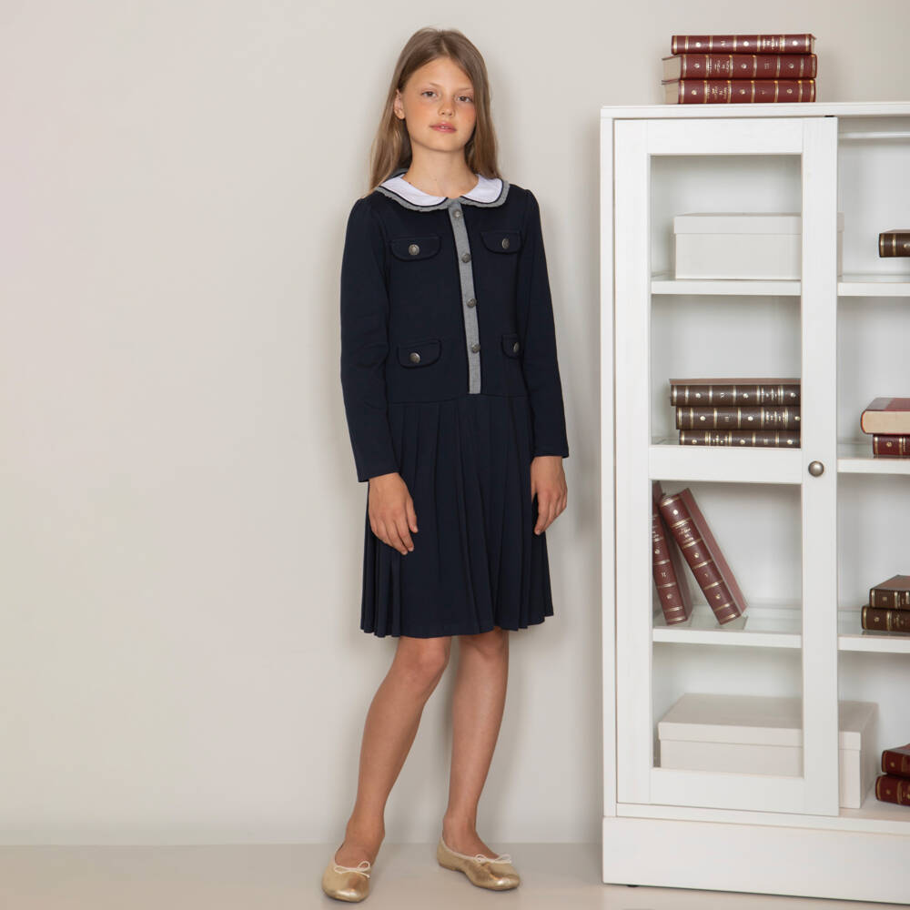 Patachou-Girls Navy Blue Cotton Jersey Pleated Dress | Childrensalon