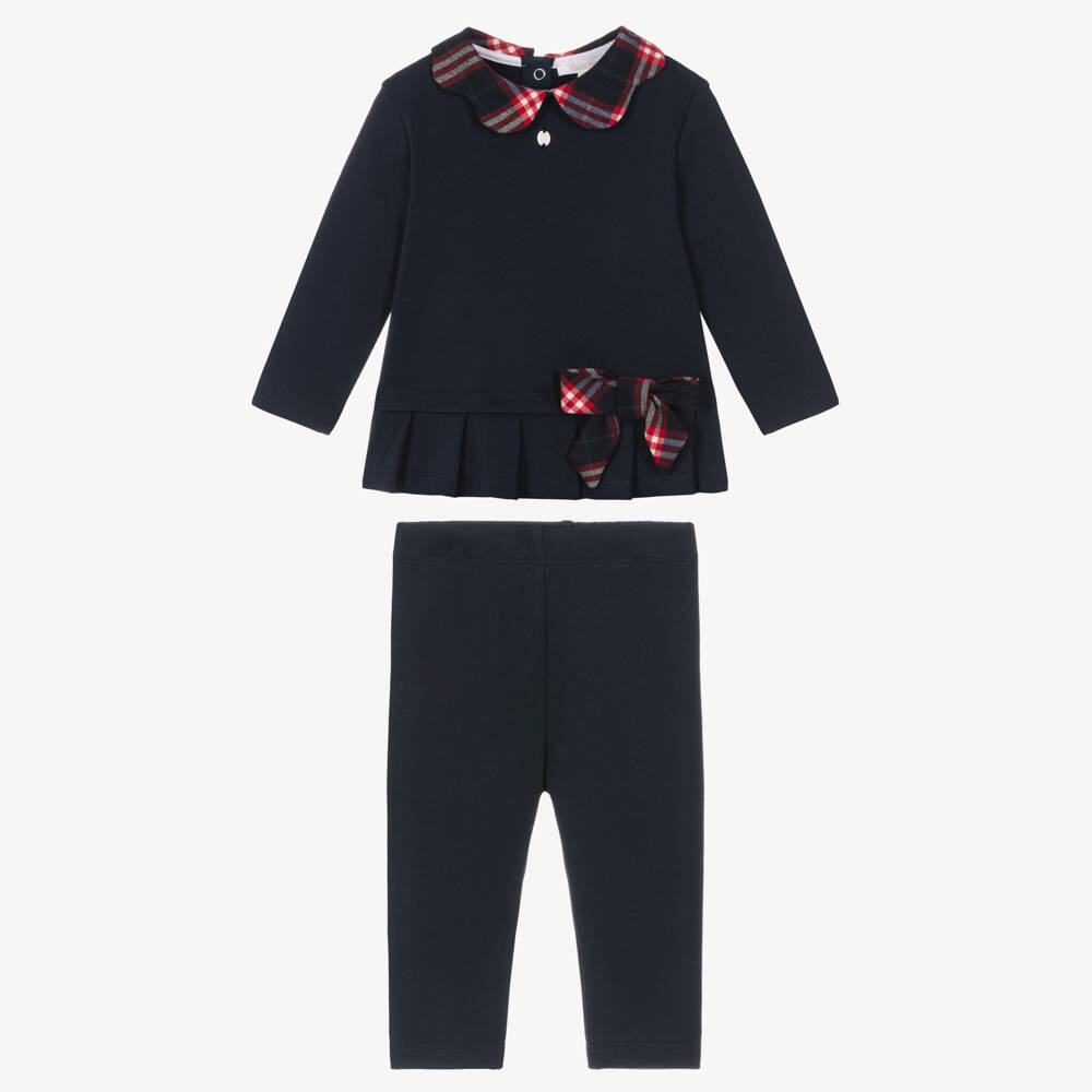 Patachou-Girls Navy Blue Cotton Leggings Set with Tartan Trims | Childrensalon