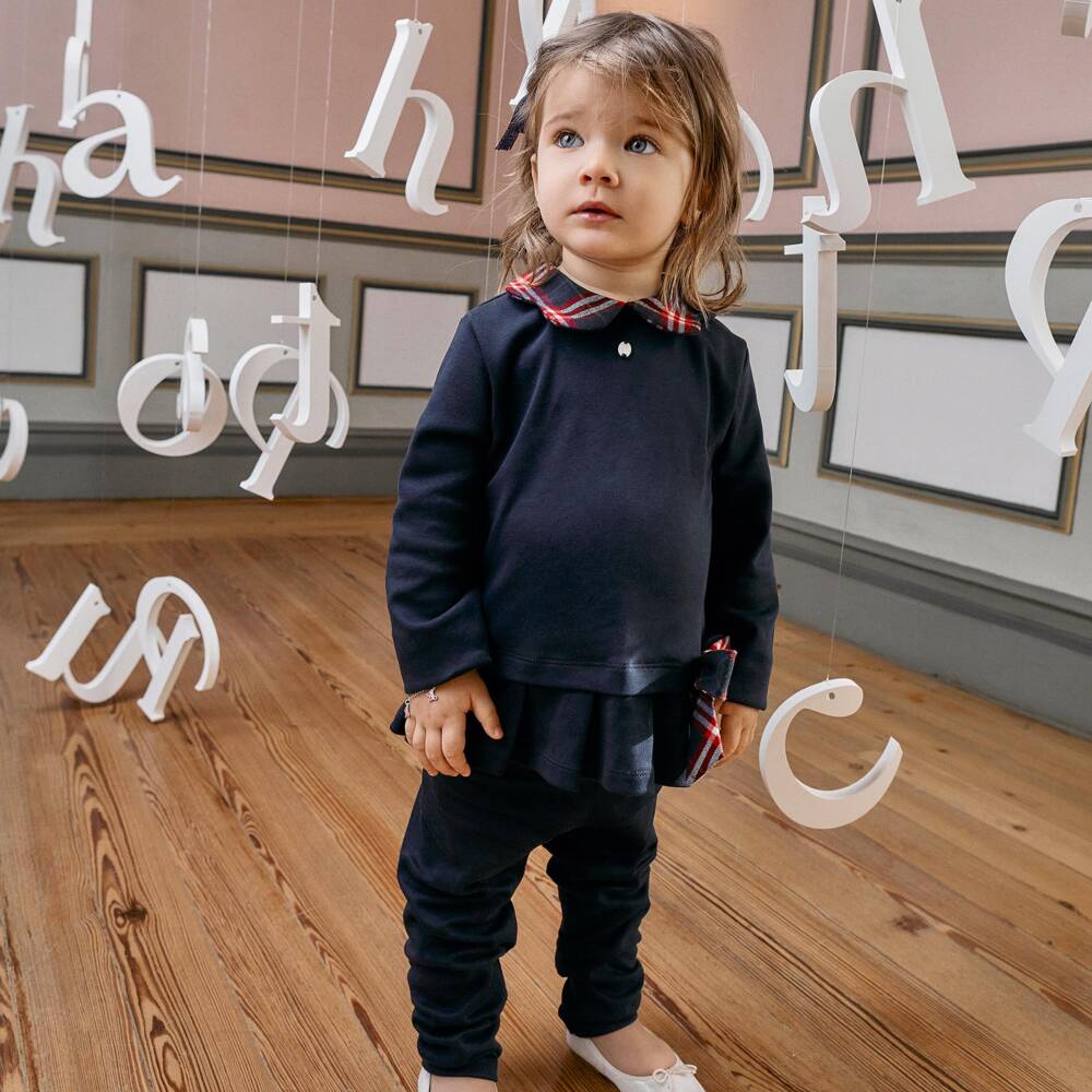 Patachou-Girls Navy Blue Cotton Leggings Set with Tartan Trims | Childrensalon