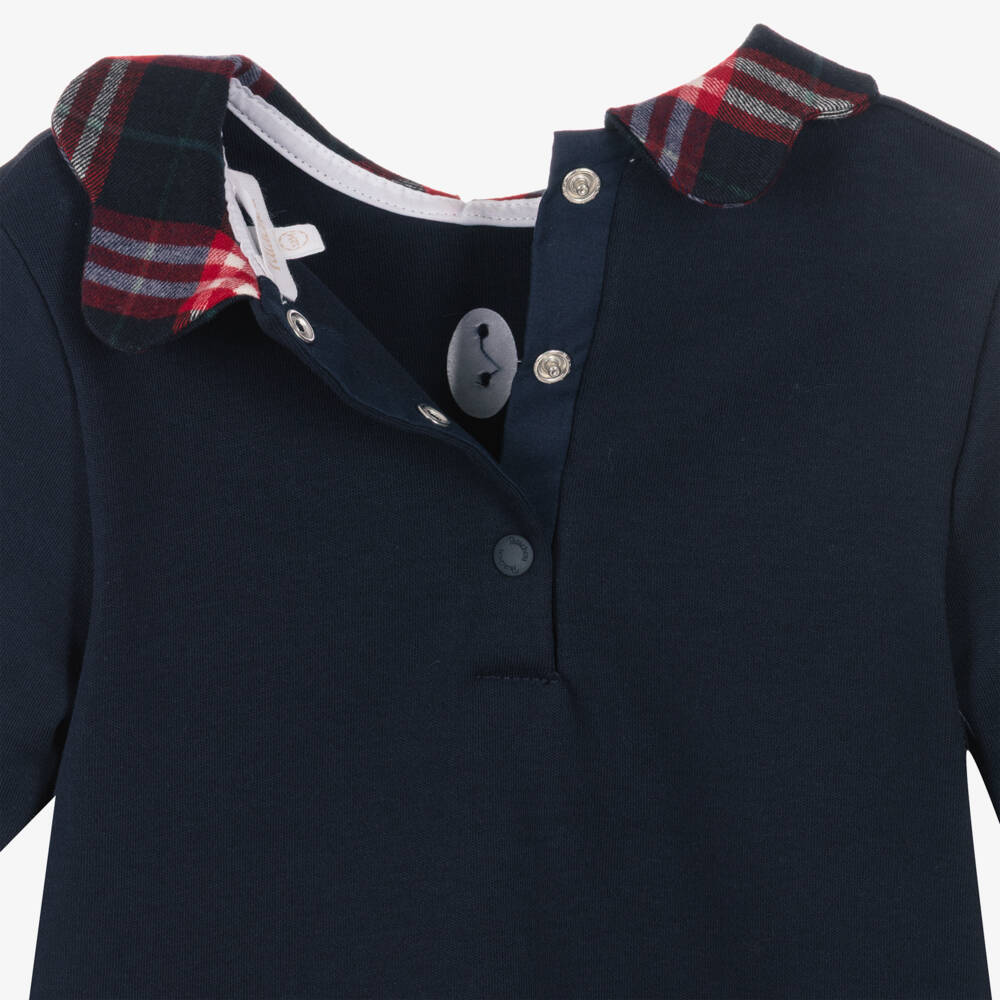 Patachou-Girls Navy Blue Cotton Leggings Set with Tartan Trims | Childrensalon