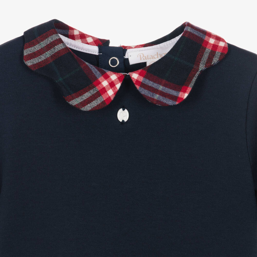 Patachou-Girls Navy Blue Cotton Leggings Set with Tartan Trims | Childrensalon