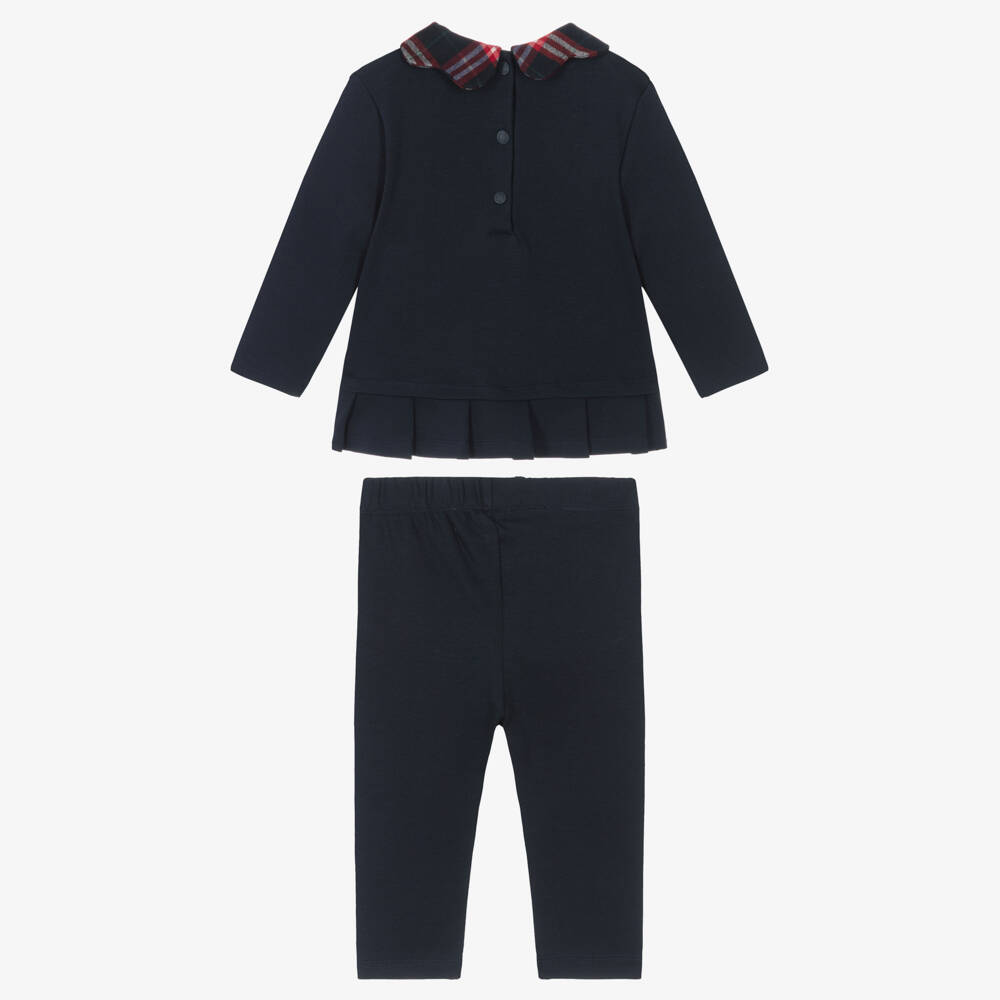 Patachou-Girls Navy Blue Cotton Leggings Set with Tartan Trims | Childrensalon