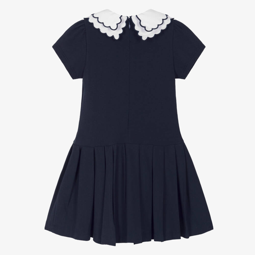 Patachou-Girls Navy Blue Cotton Piqué Pleated Dress | Childrensalon