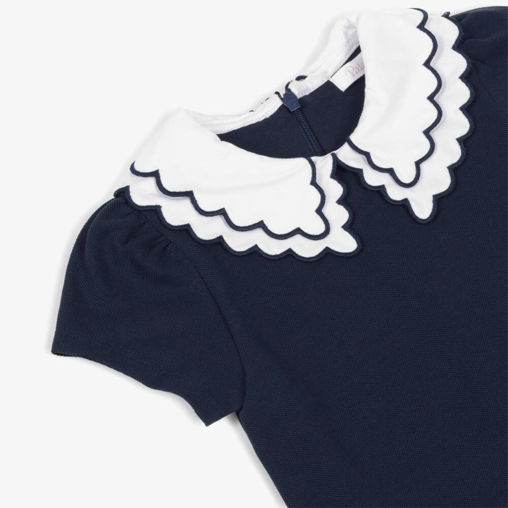 Patachou-Girls Navy Blue Cotton Piqué Pleated Dress | Childrensalon