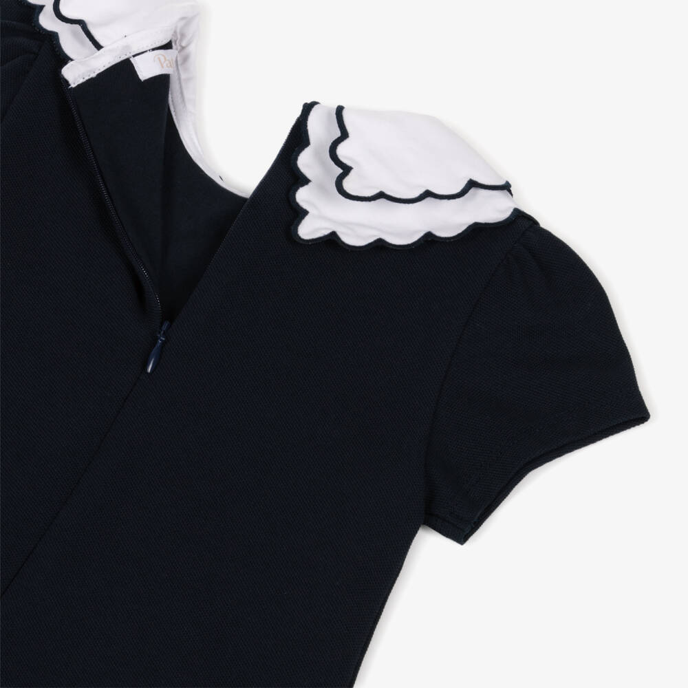 Patachou-Girls Navy Blue Cotton Piqué Pleated Dress | Childrensalon