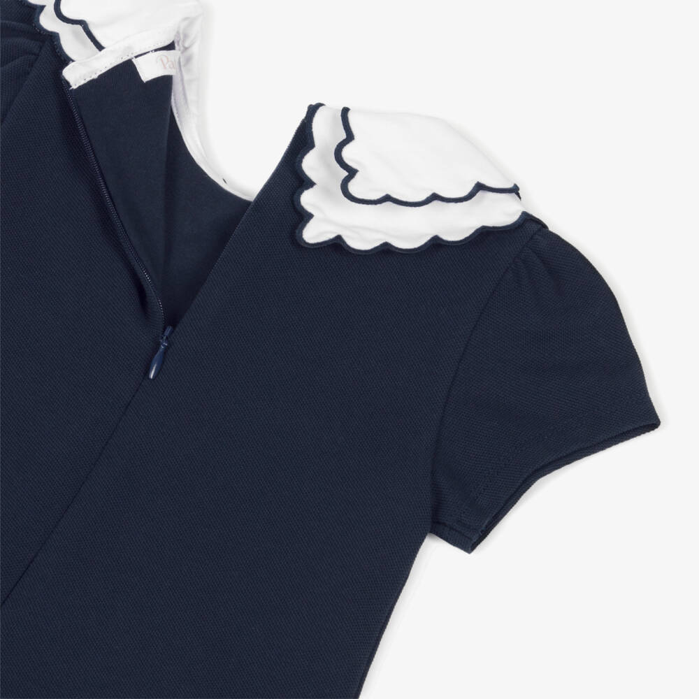 Patachou-Girls Navy Blue Cotton Piqué Pleated Dress | Childrensalon