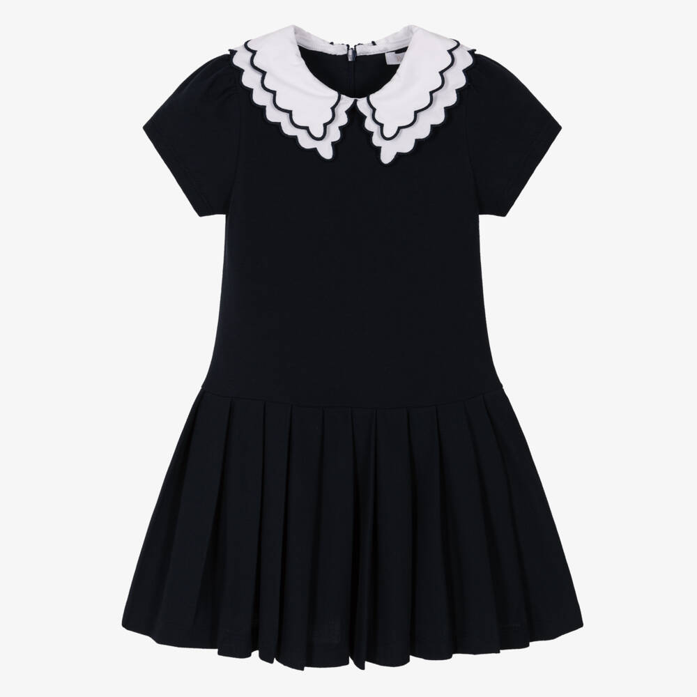 Patachou-Girls Navy Blue Cotton Piqué Pleated Dress | Childrensalon