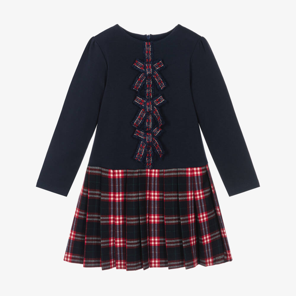 Patachou-Girls Navy Blue Dress with Pleated Tartan & Bows  | Childrensalon