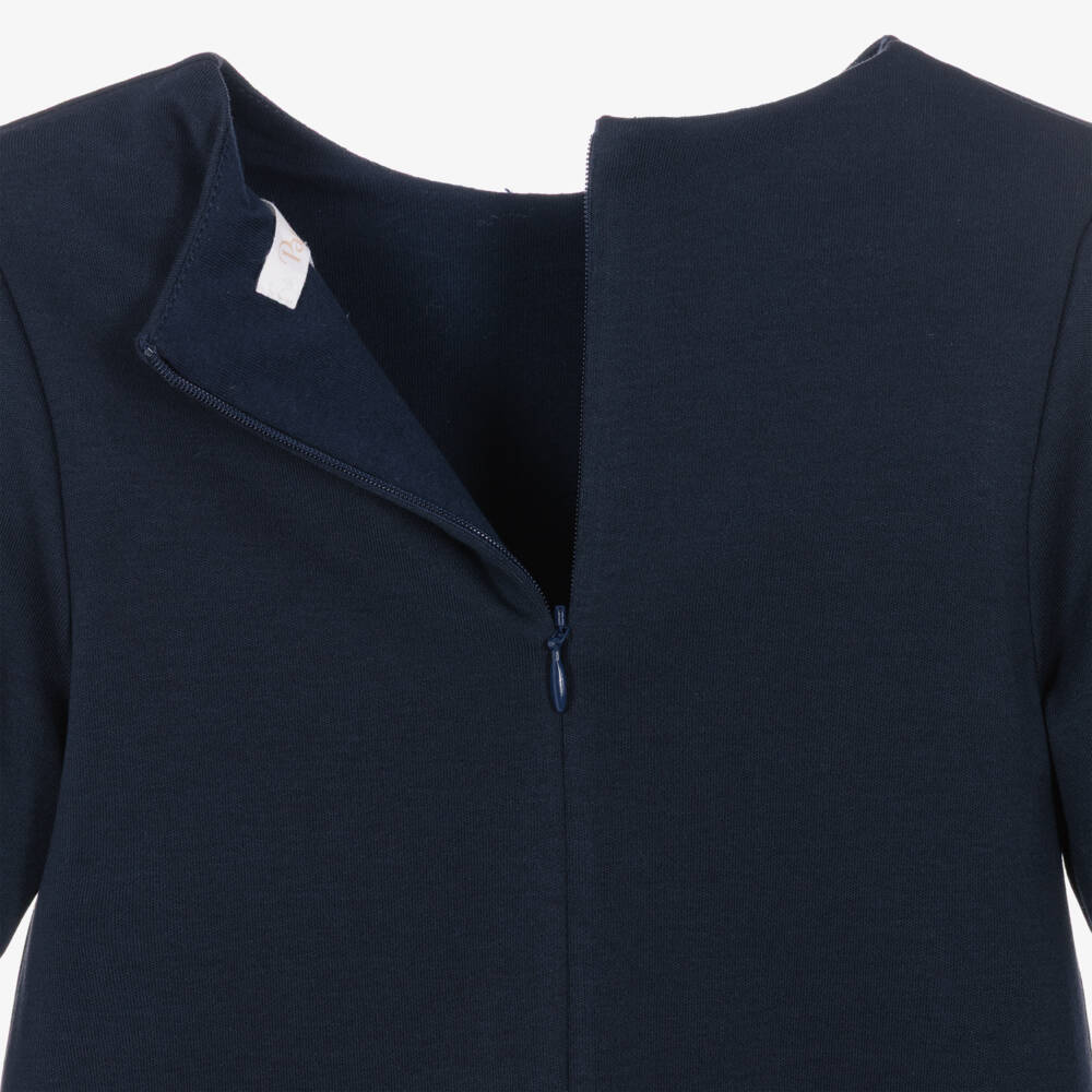 Patachou-Girls Navy Blue Dress with Pleated Tartan & Bows | Childrensalon