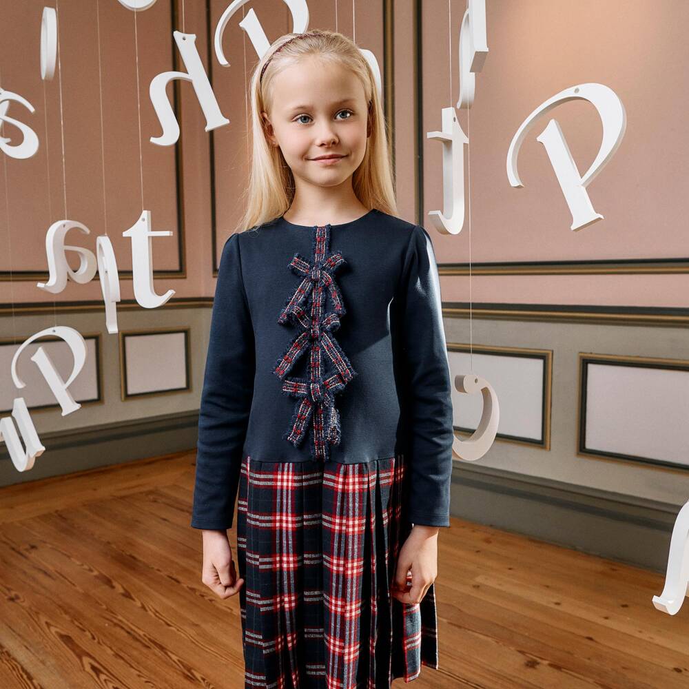 Patachou-Girls Navy Blue Dress with Pleated Tartan & Bows | Childrensalon