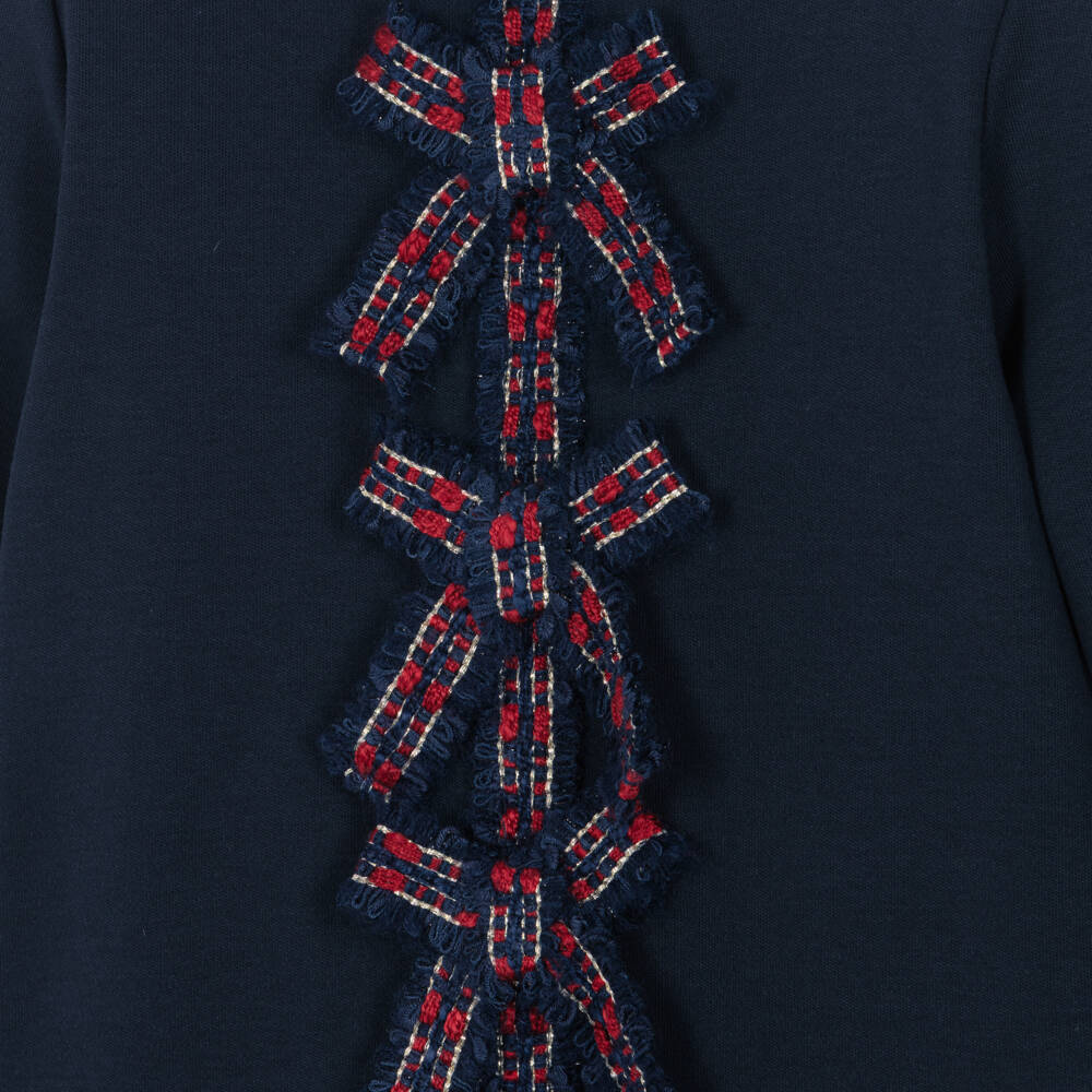 Patachou-Girls Navy Blue Dress with Pleated Tartan & Bows | Childrensalon