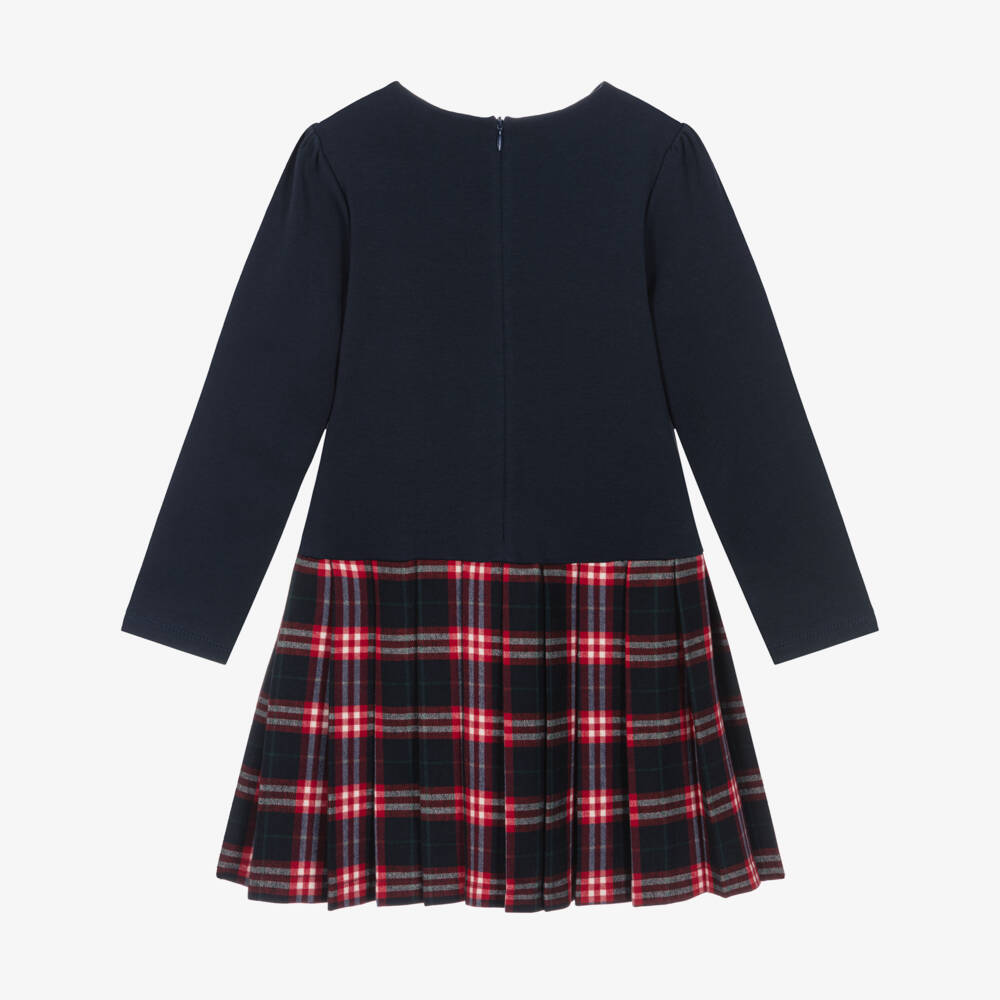 Patachou-Girls Navy Blue Dress with Pleated Tartan & Bows | Childrensalon