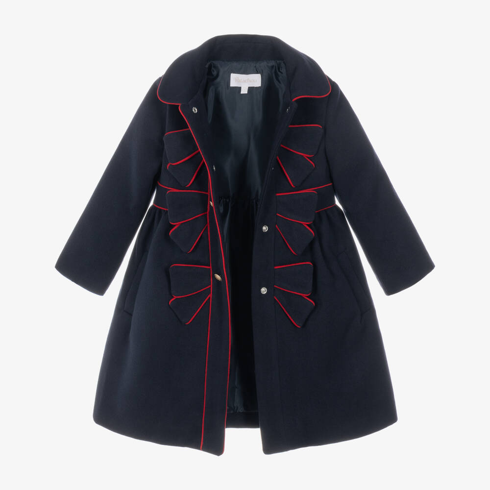 Patachou-Girls Navy Blue Felted Coat with Bow Trims | Childrensalon