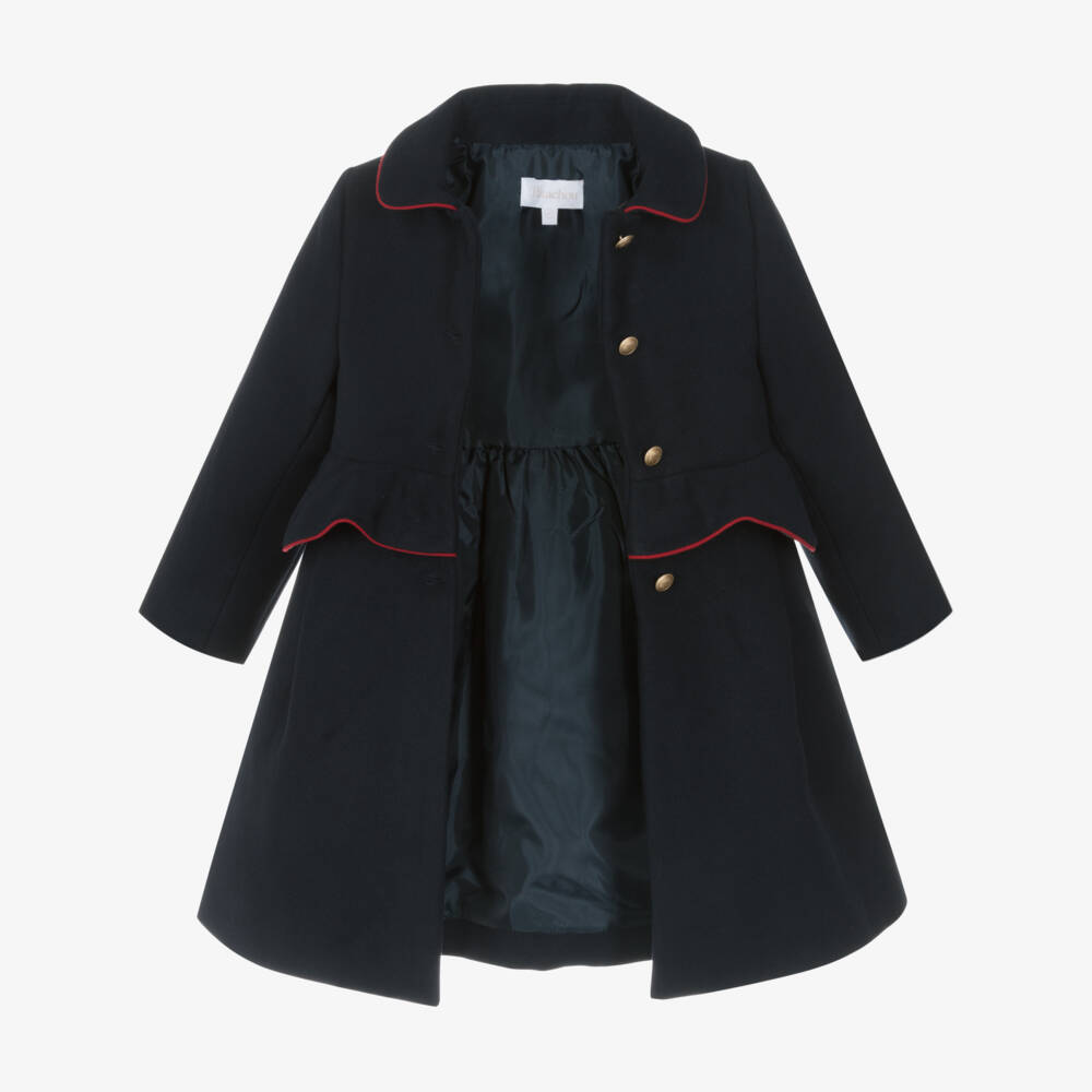Patachou-Girls Navy Blue Felted Coat with Frill | Childrensalon