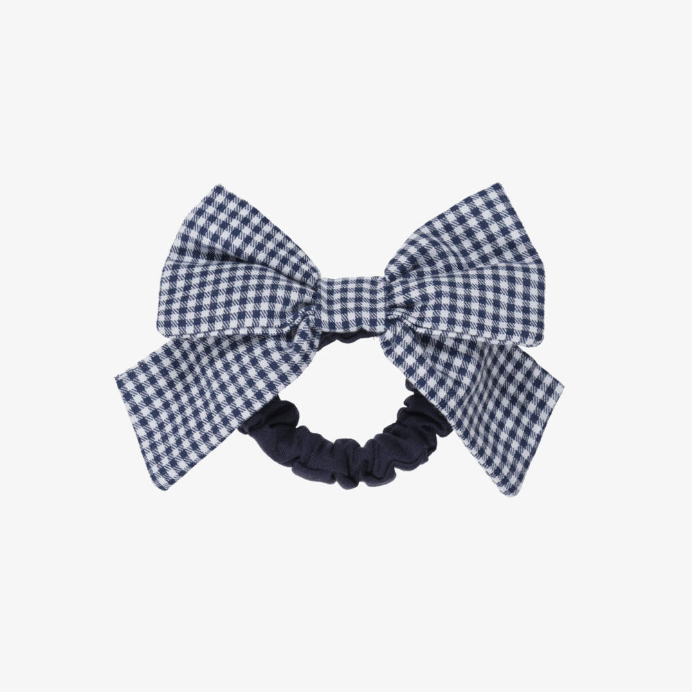 Patachou-Girls Navy Blue Gingham Bow Hair Scrunchie | Childrensalon