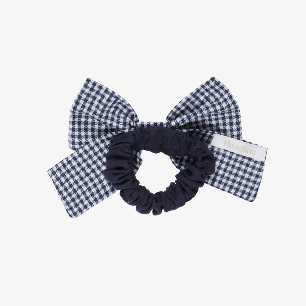 Patachou-Girls Navy Blue Gingham Bow Hair Scrunchie | Childrensalon