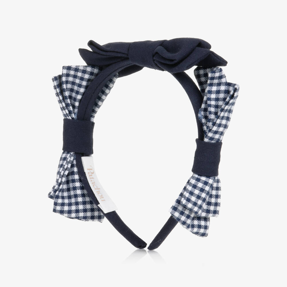 Patachou-Girls Navy Blue Gingham Bow Hairband | Childrensalon