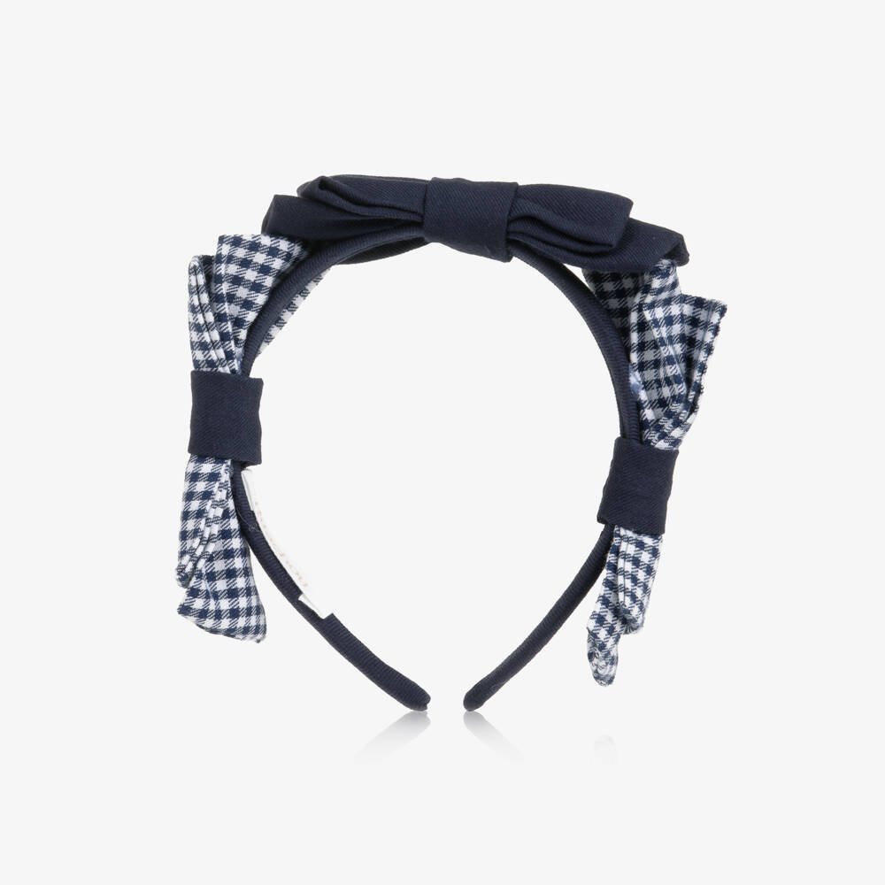 Patachou-Girls Navy Blue Gingham Bow Hairband | Childrensalon