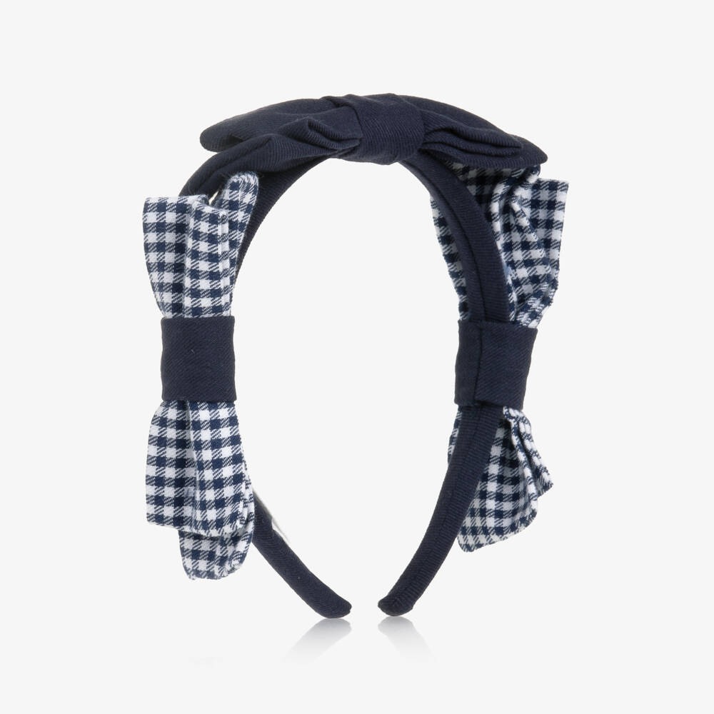 Patachou-Girls Navy Blue Gingham Bow Hairband | Childrensalon