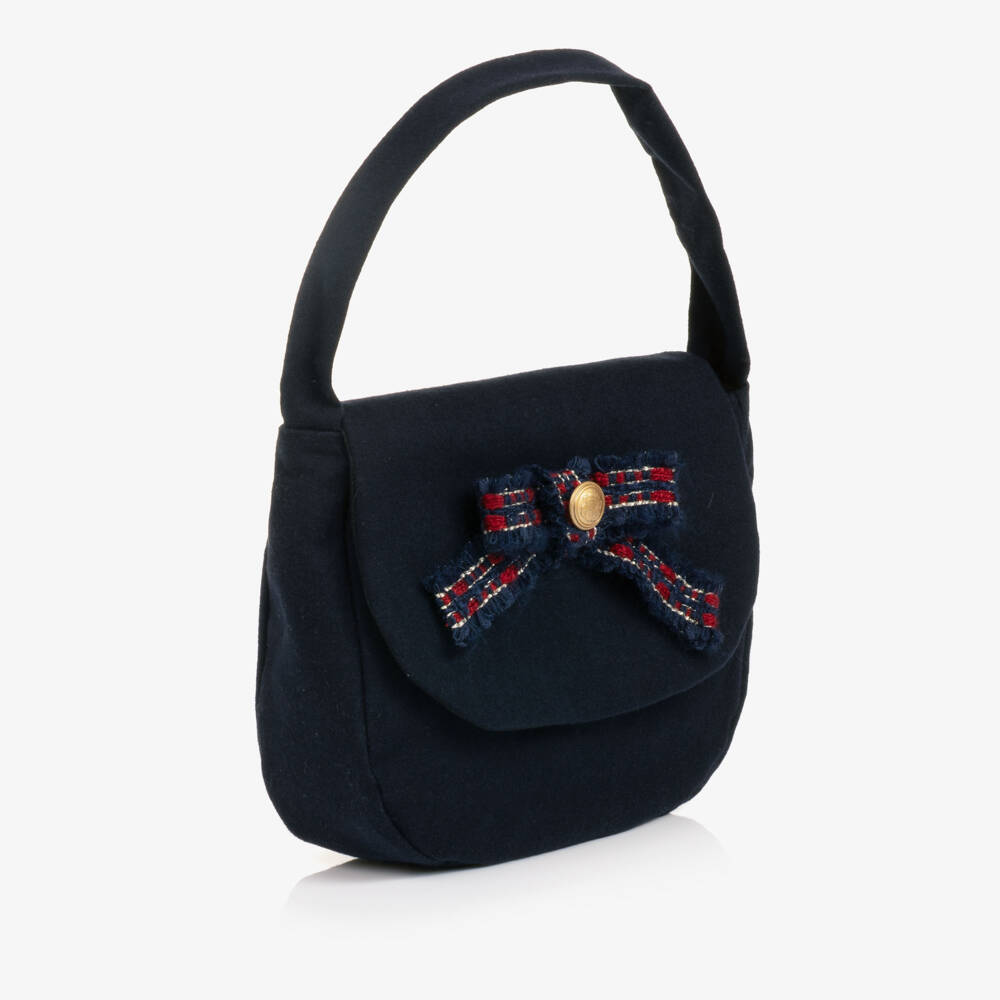 Patachou-Girls Navy Blue Handbag with Tweed Bow (17cm) | Childrensalon