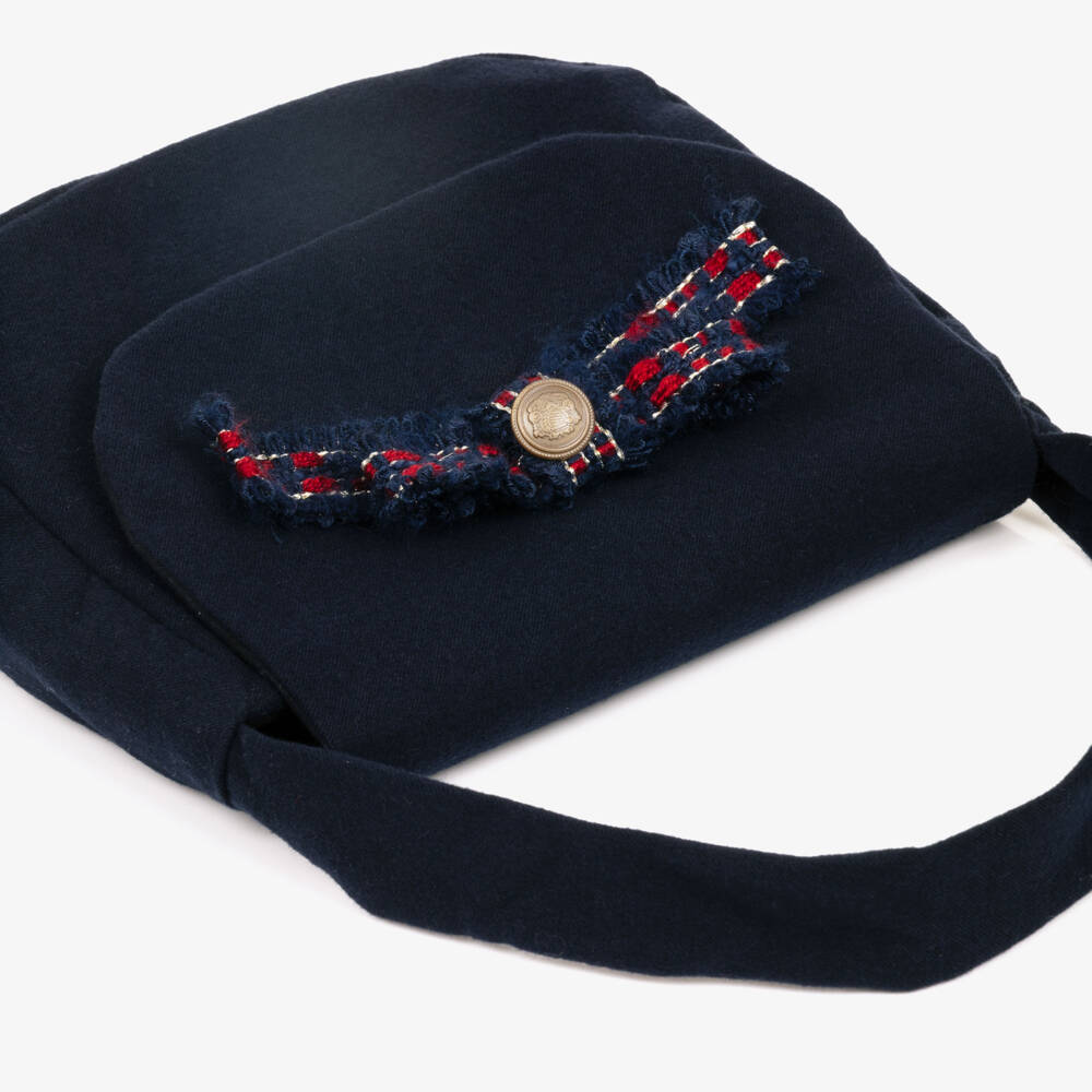 Patachou-Girls Navy Blue Handbag with Tweed Bow (17cm) | Childrensalon