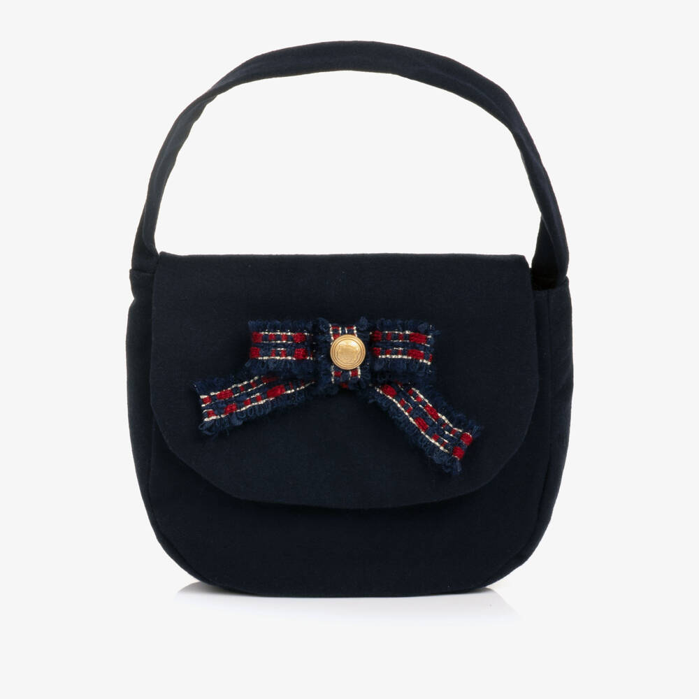 Patachou-Girls Navy Blue Handbag with Tweed Bow (17cm) | Childrensalon