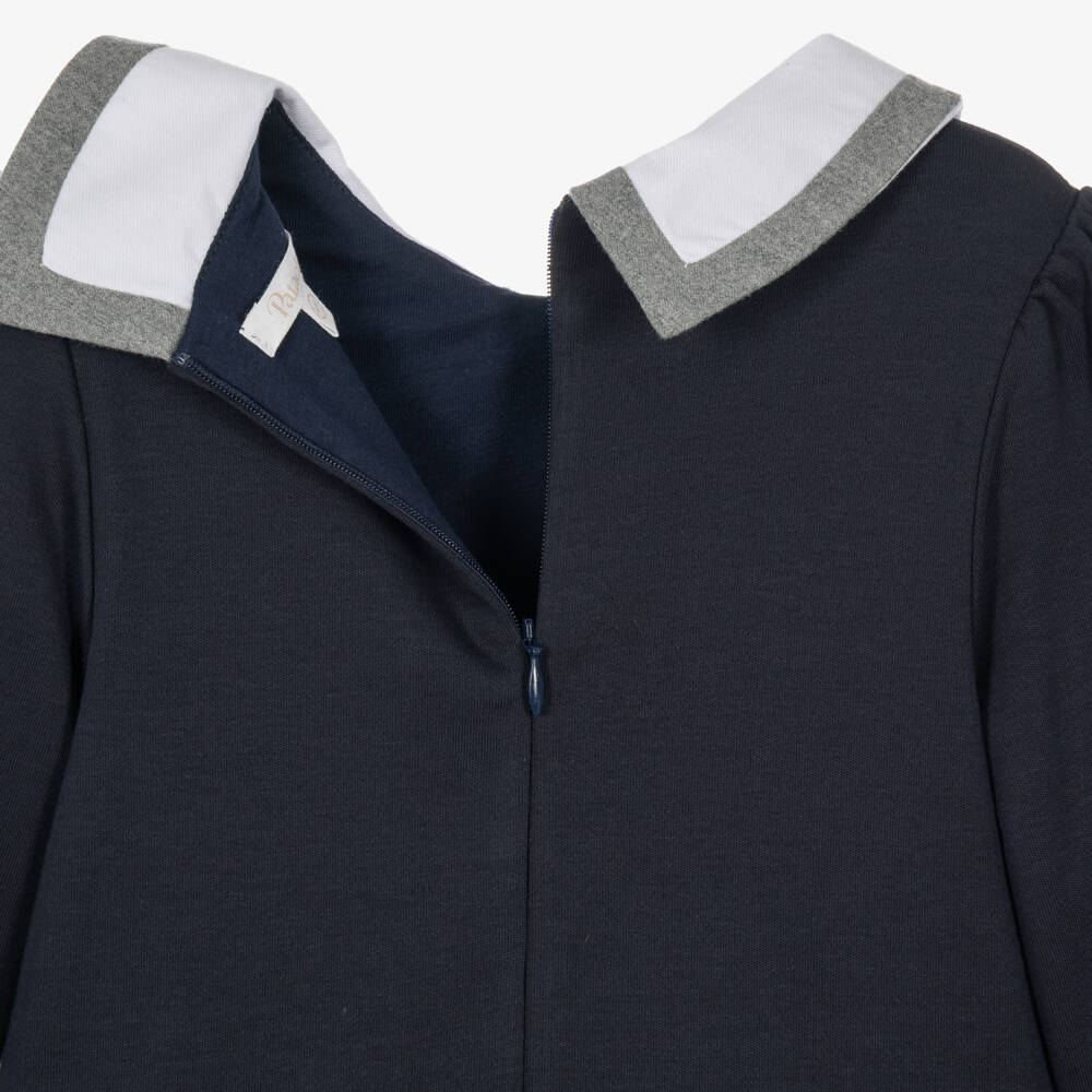 Patachou-Girls Navy Blue Jersey Dress with Grey Trims | Childrensalon