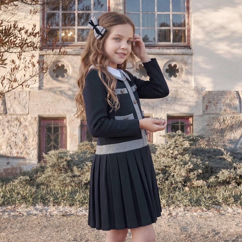 Patachou-Girls Navy Blue Jersey Dress with Grey Trims | Childrensalon