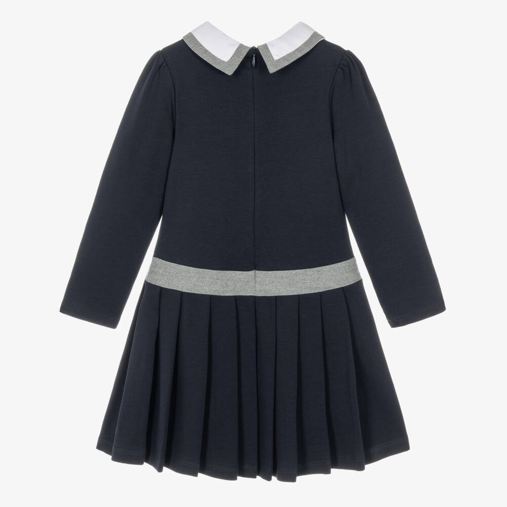Patachou-Girls Navy Blue Jersey Dress with Grey Trims | Childrensalon