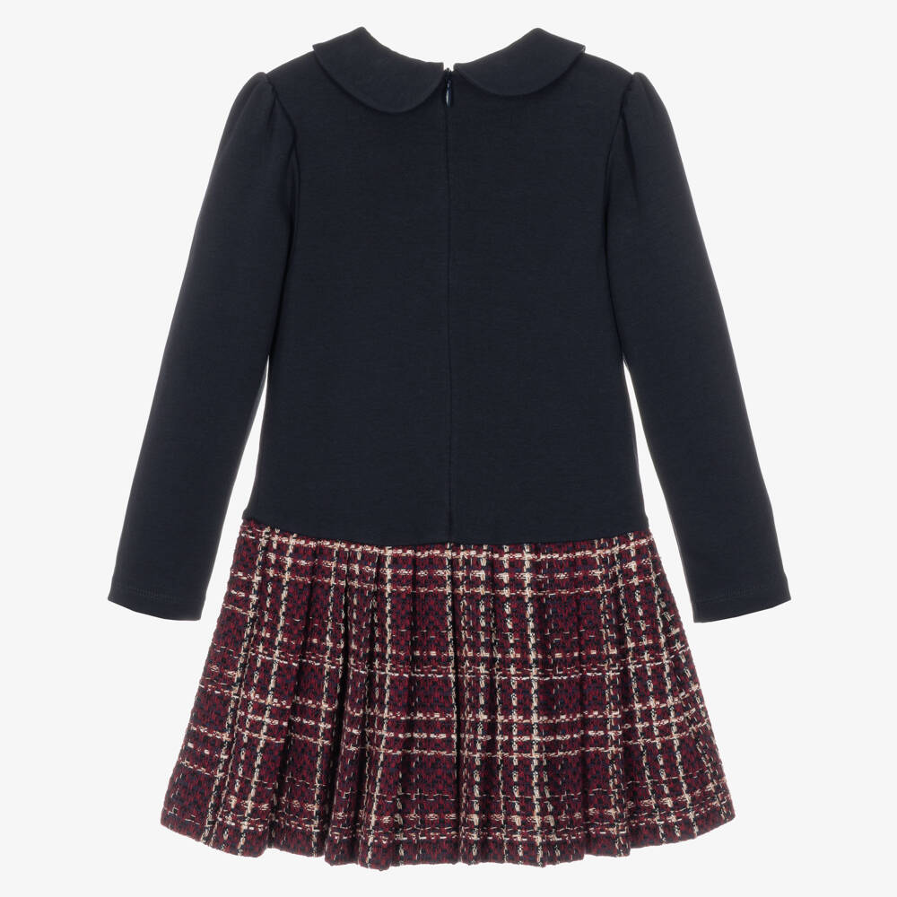 Patachou-Girls Navy Blue Jersey & Red Tweed Dress | Childrensalon