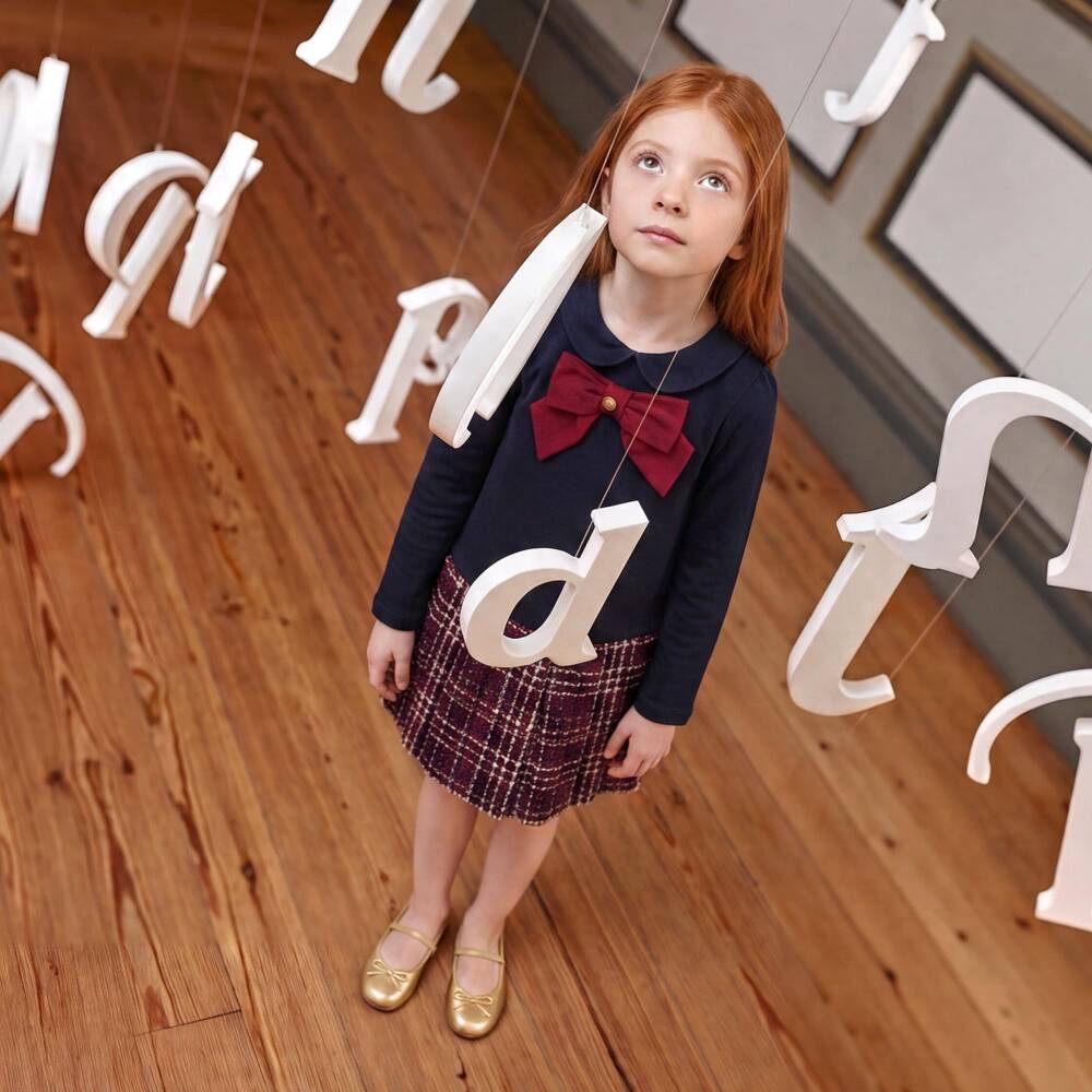 Patachou-Girls Navy Blue Jersey & Red Tweed Dress | Childrensalon