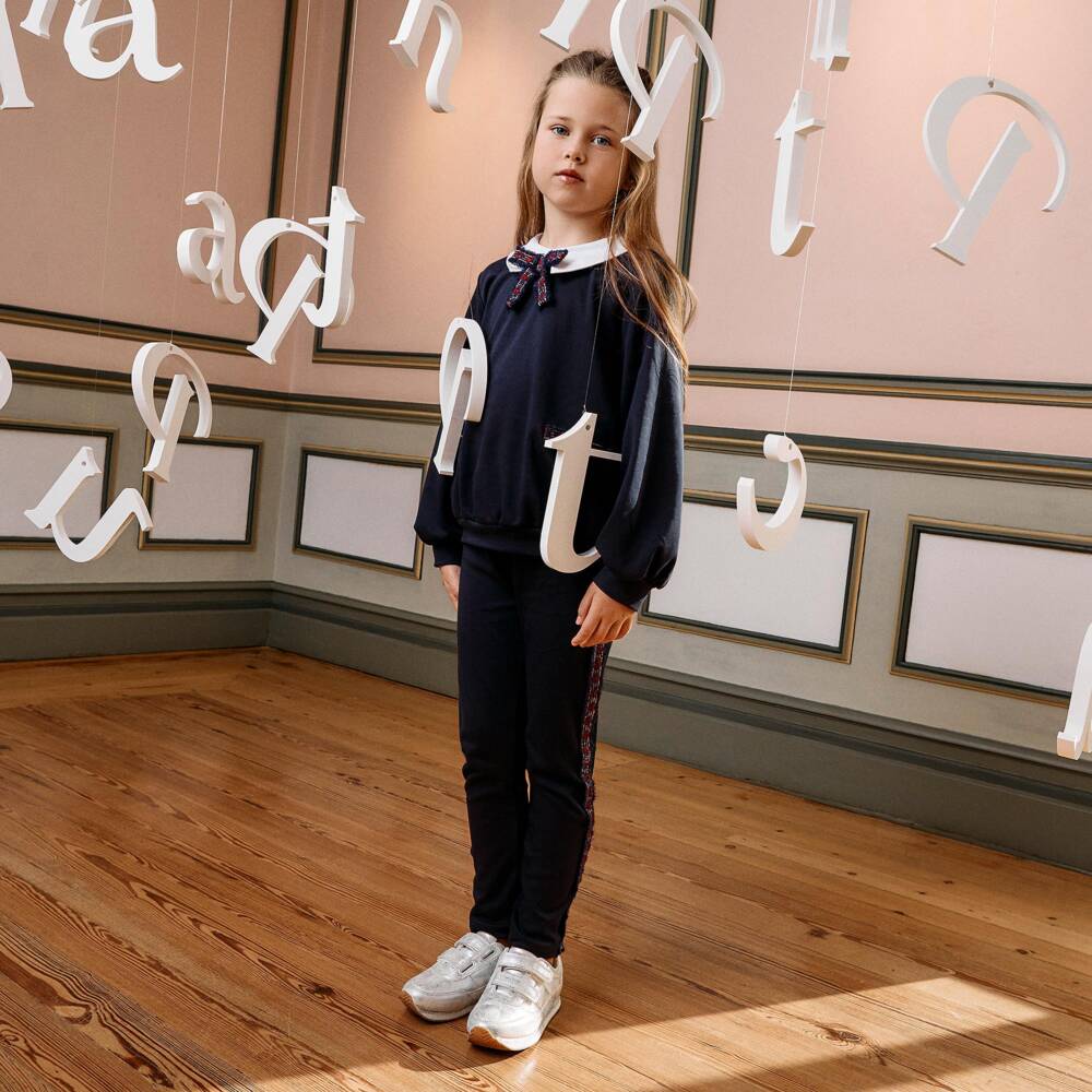 Patachou-Girls Navy Blue Leggings Set with Tweed Trims | Childrensalon