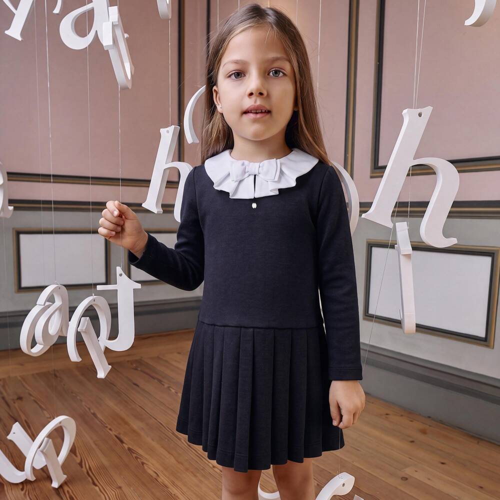 Patachou-Girls Navy Blue Milano Jersey Collared Dress | Childrensalon