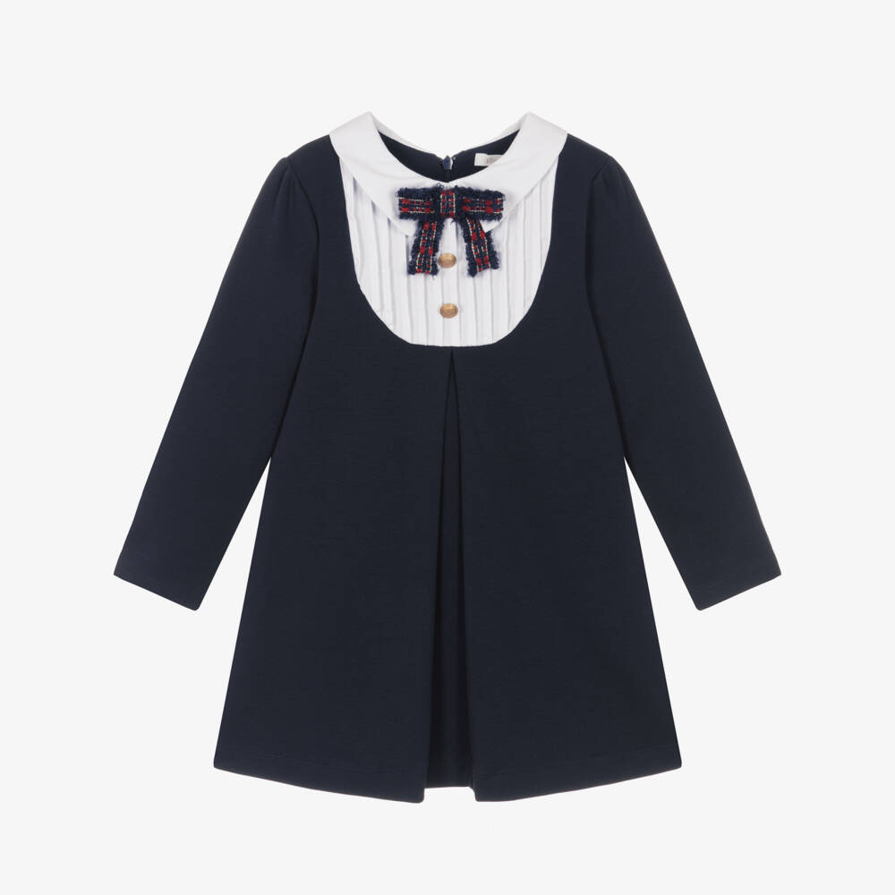 Patachou-Girls Navy Blue Milano Jersey Dress With Pintucks & Bow | Childrensalon