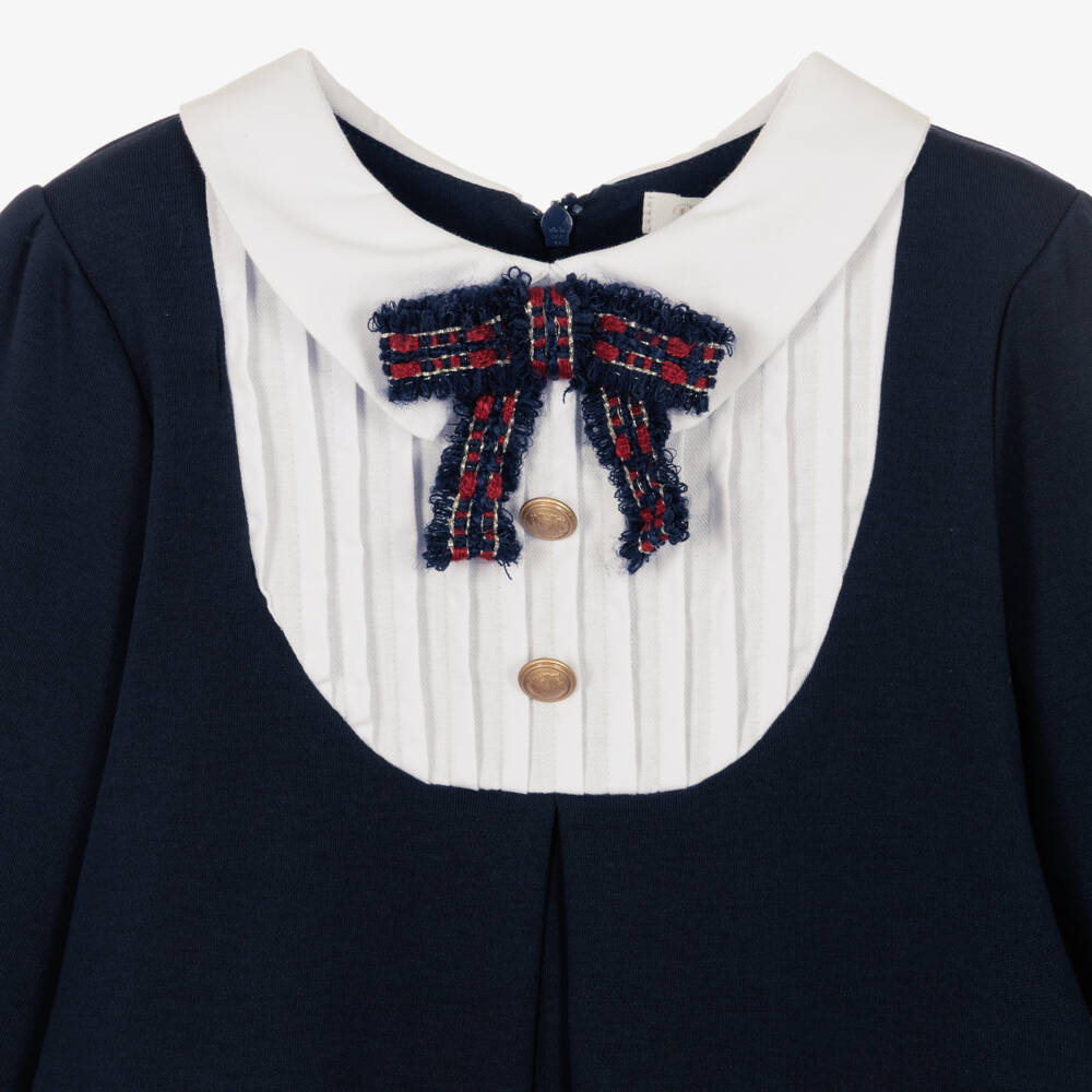 Patachou-Girls Navy Blue Milano Jersey Dress With Pintucks & Bow | Childrensalon