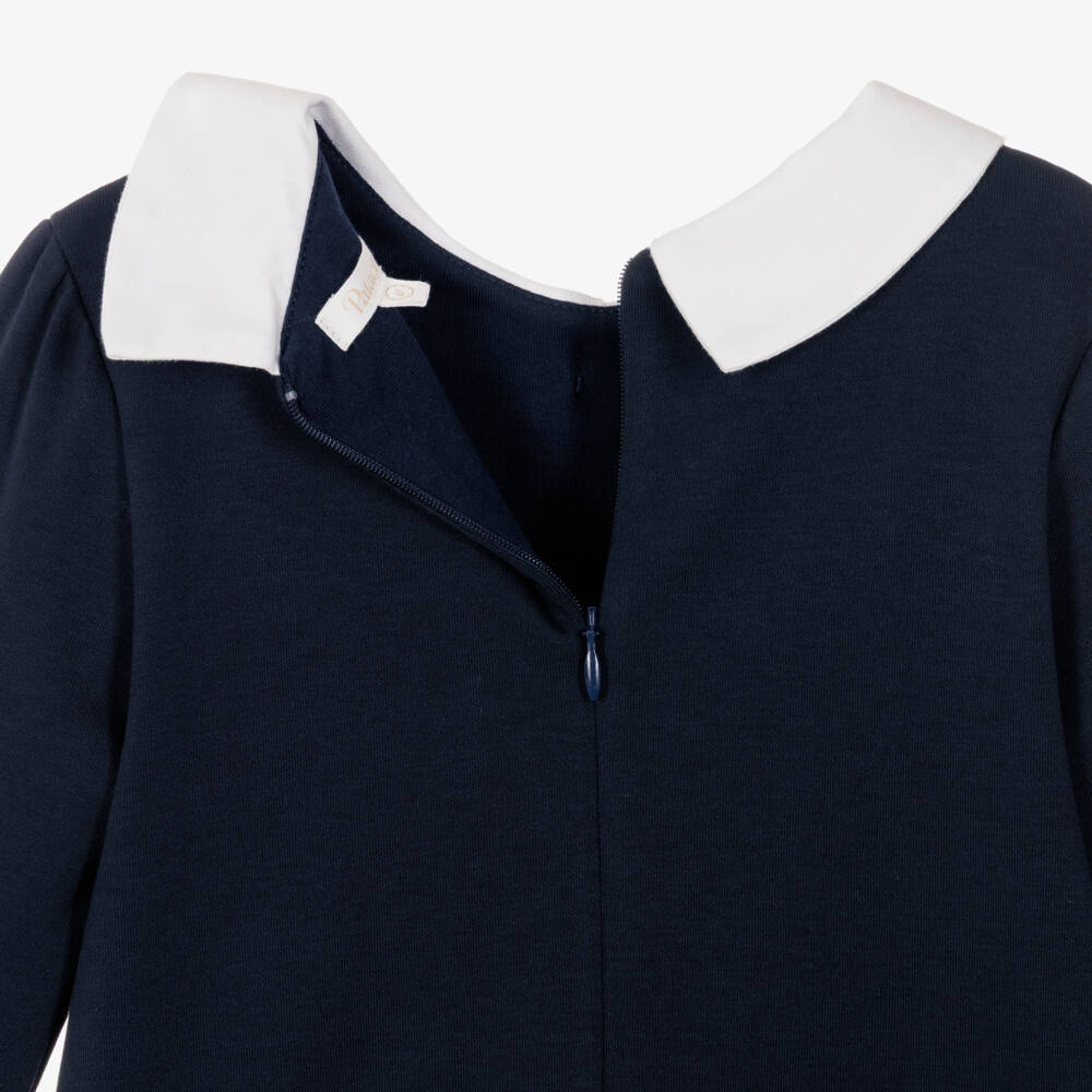 Patachou-Girls Navy Blue Milano Jersey Dress With Pintucks & Bow | Childrensalon