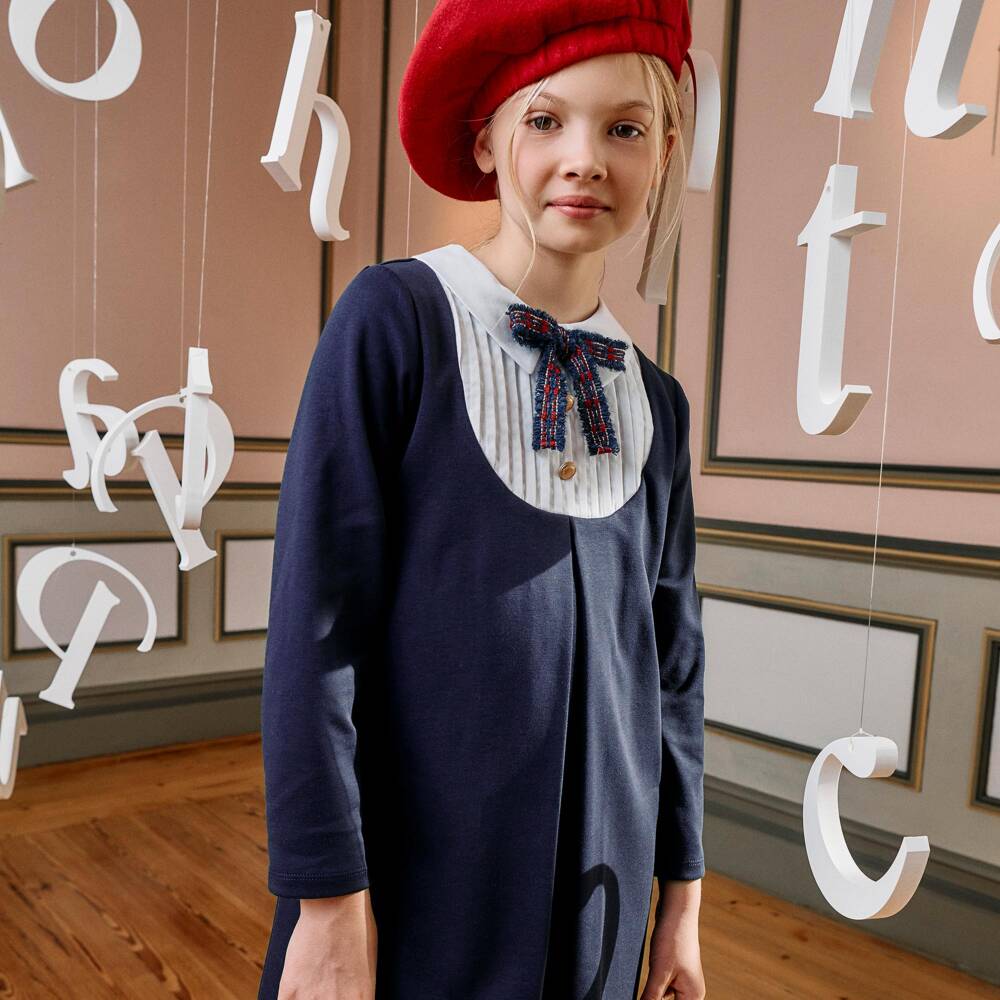 Patachou-Girls Navy Blue Milano Jersey Dress With Pintucks & Bow | Childrensalon
