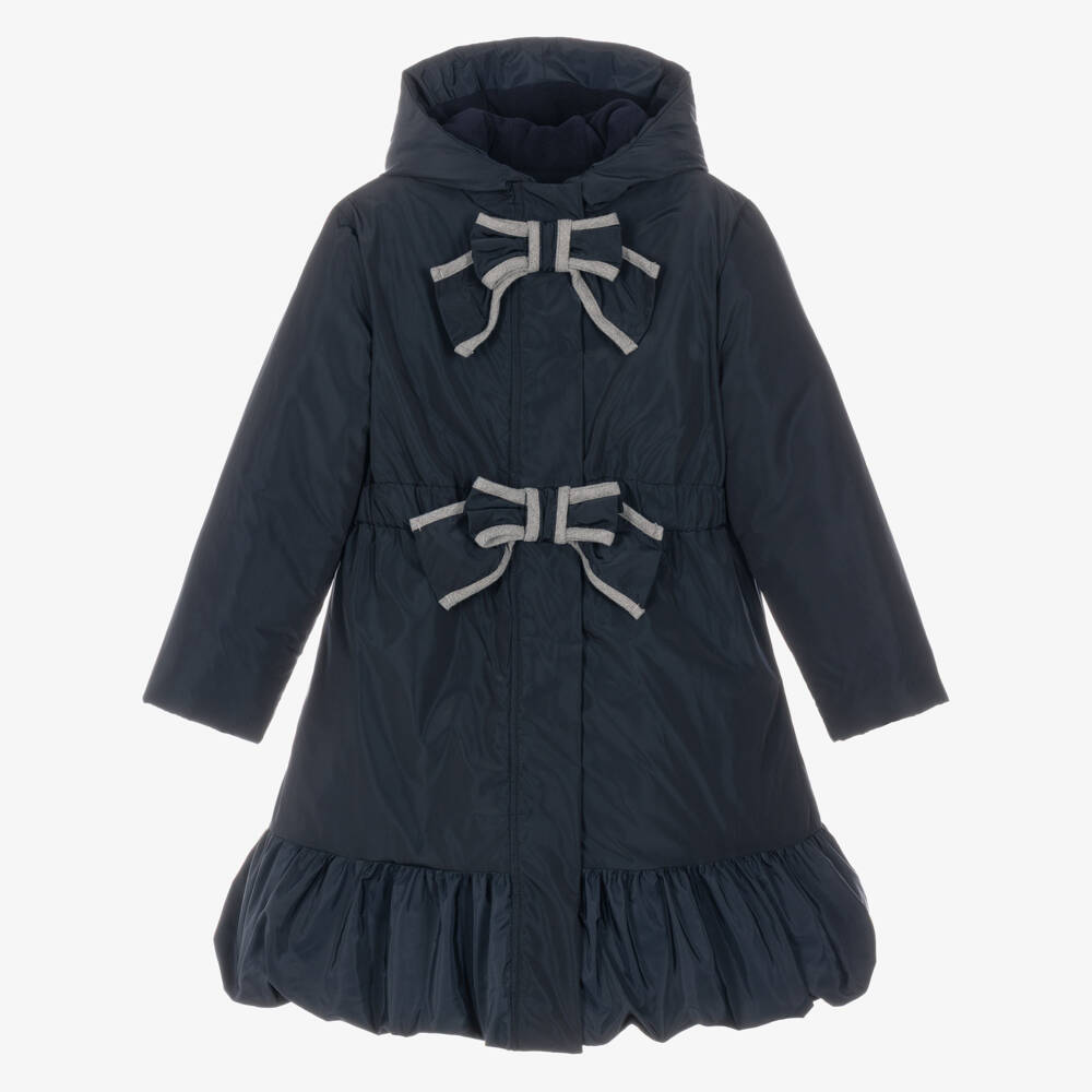 Patachou-Girls Navy Blue Padded Coat with Grey Bows | Childrensalon