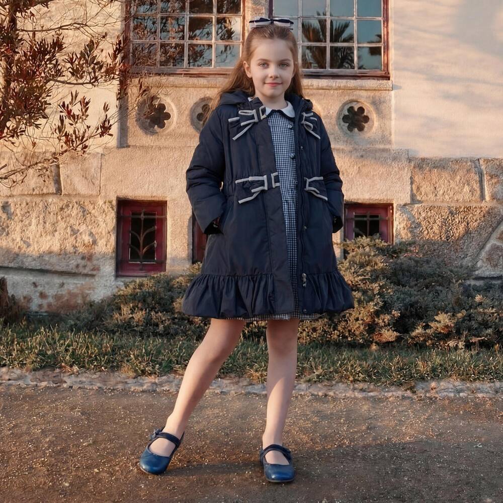 Patachou-Girls Navy Blue Padded Coat with Grey Bows | Childrensalon