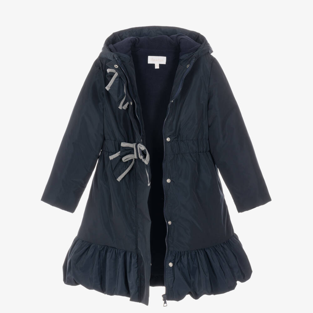Patachou-Girls Navy Blue Padded Coat with Grey Bows | Childrensalon