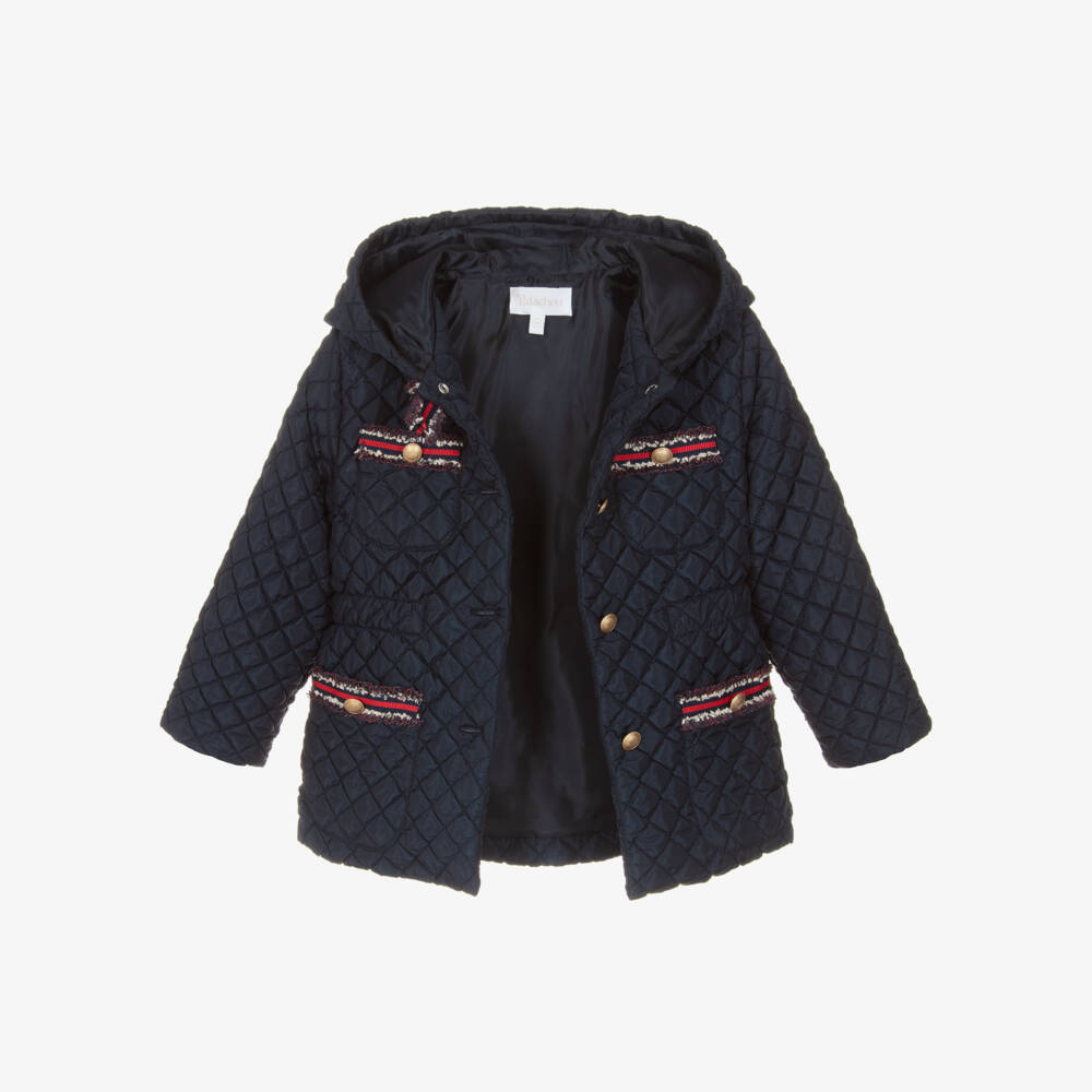 Patachou-Girls Navy Blue Quilted Jacket with Grosgrain Trims | Childrensalon
