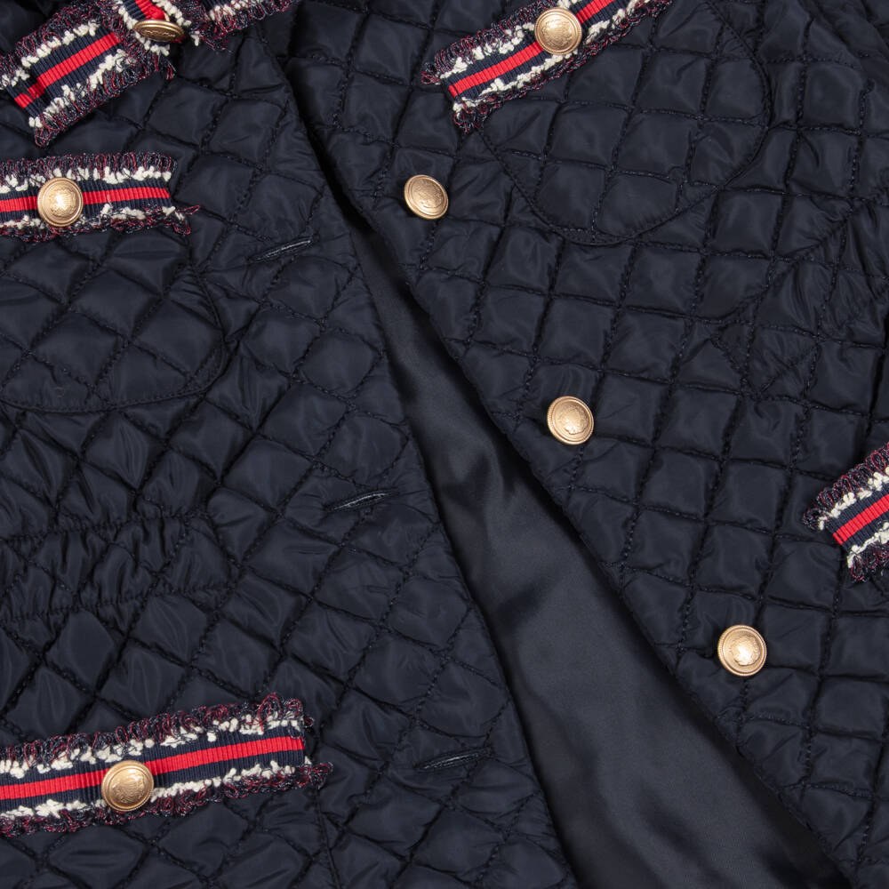Patachou-Girls Navy Blue Quilted Jacket with Grosgrain Trims | Childrensalon