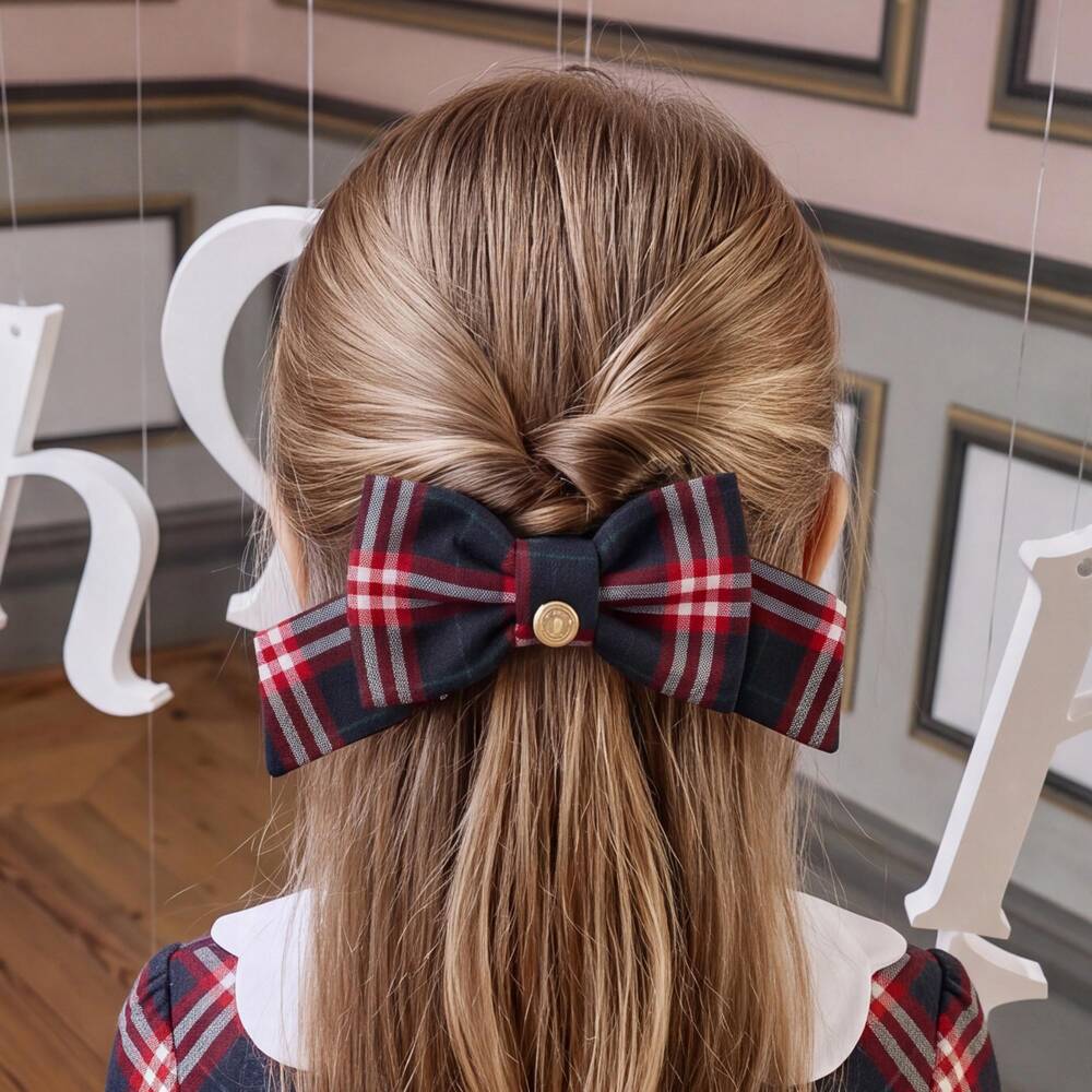 Patachou-Girls Navy Blue & Red Tartan Bow Hair Clip (13cm) | Childrensalon