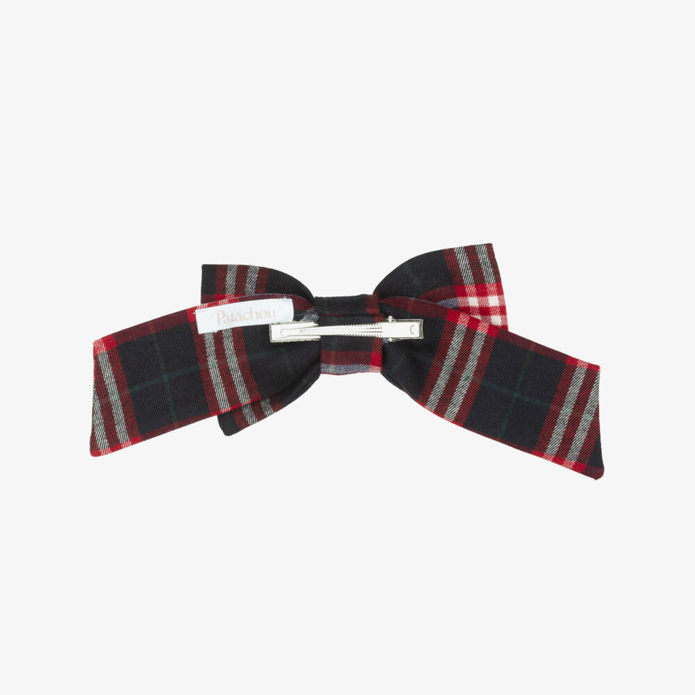 Patachou-Girls Navy Blue & Red Tartan Bow Hair Clip (13cm) | Childrensalon